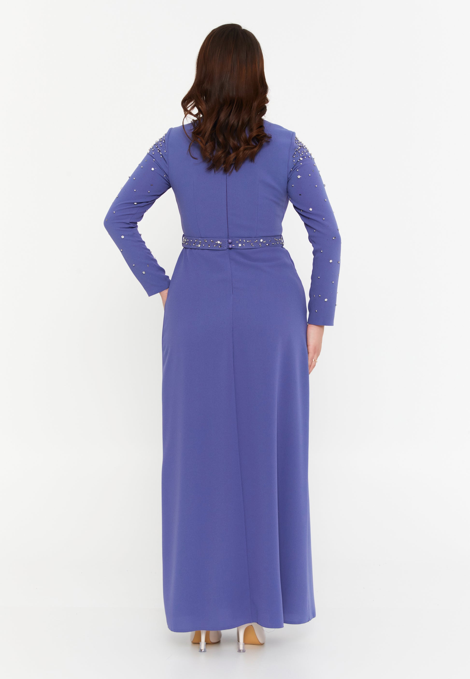 Long Sleeve Maxi Crepe Column Plus Size Evening Dress Leq2141-B Burgundy / 42-44-46