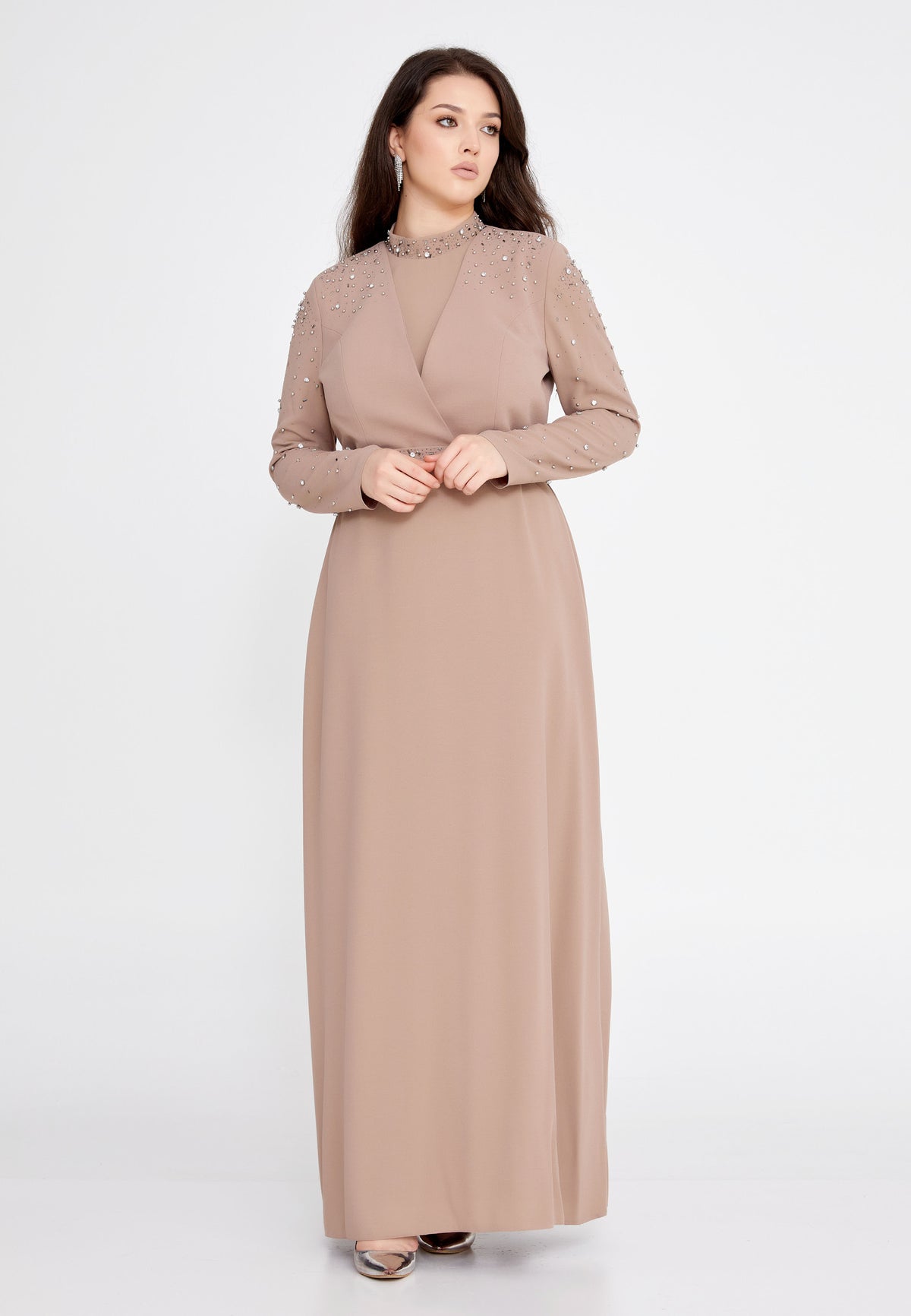 beige plus size formal dress Long Sleeve Maxi Crepe Column Evening leq2141-b / 42-44-46 SIZE::12-18 Months catching appeal PRIME NEW NWT Blue White