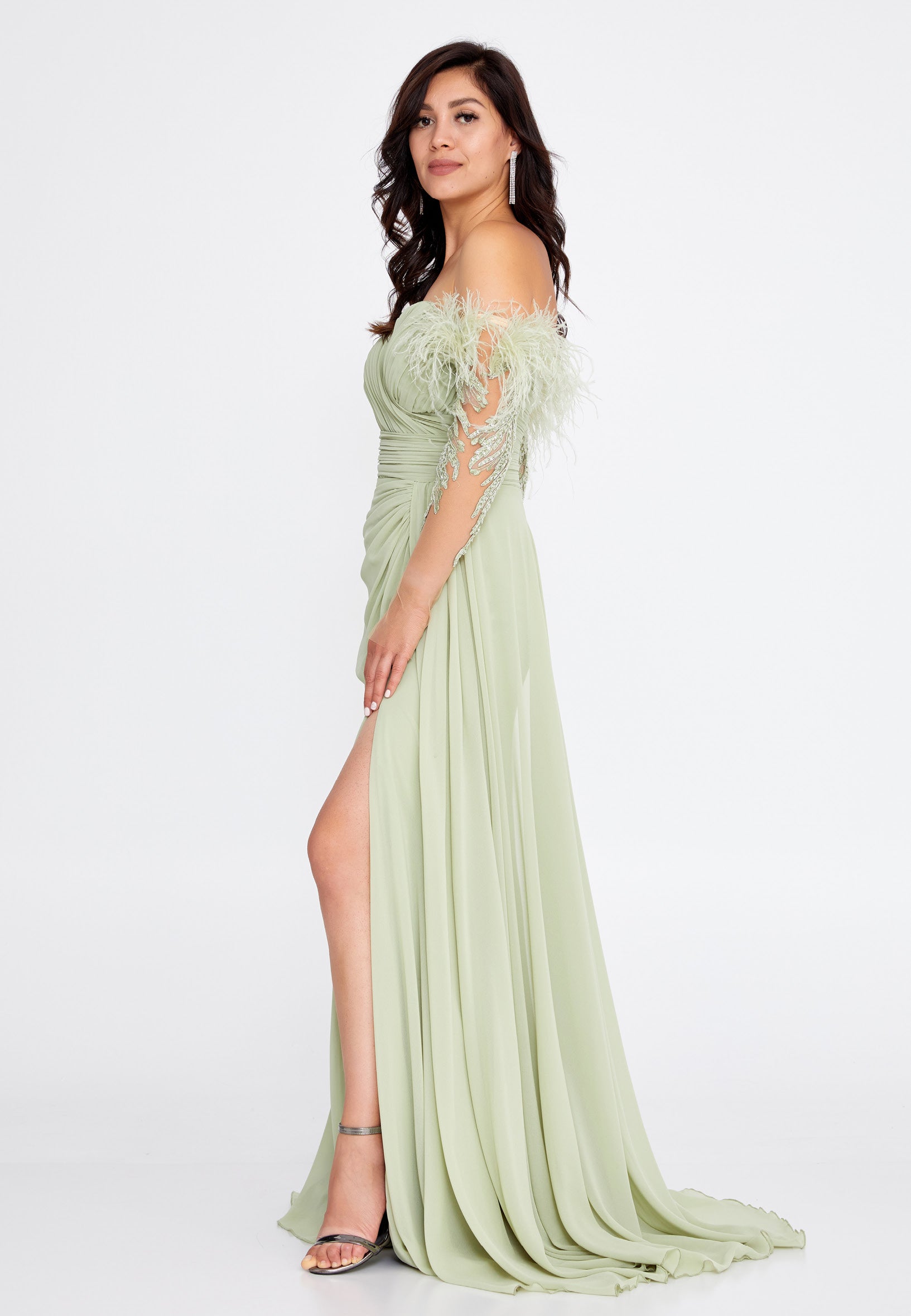 chiffon column dress Chiffon Ruffle Shoulder Lace Up Back Column Dress petite / 2 / light-blue