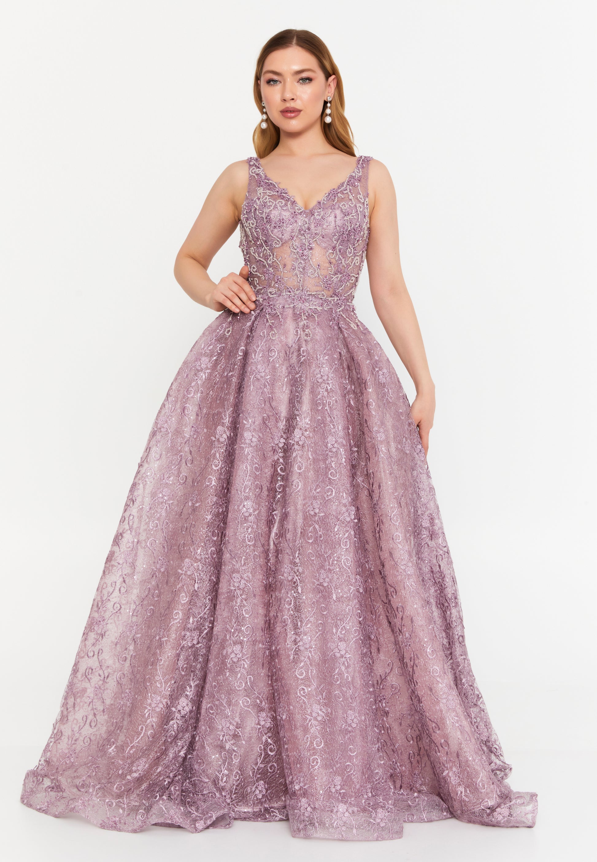Sleeveless Maxi Lace A - Line Regular Prom Dress aln1530 - Prom Dress - Istanbul Fashion Center