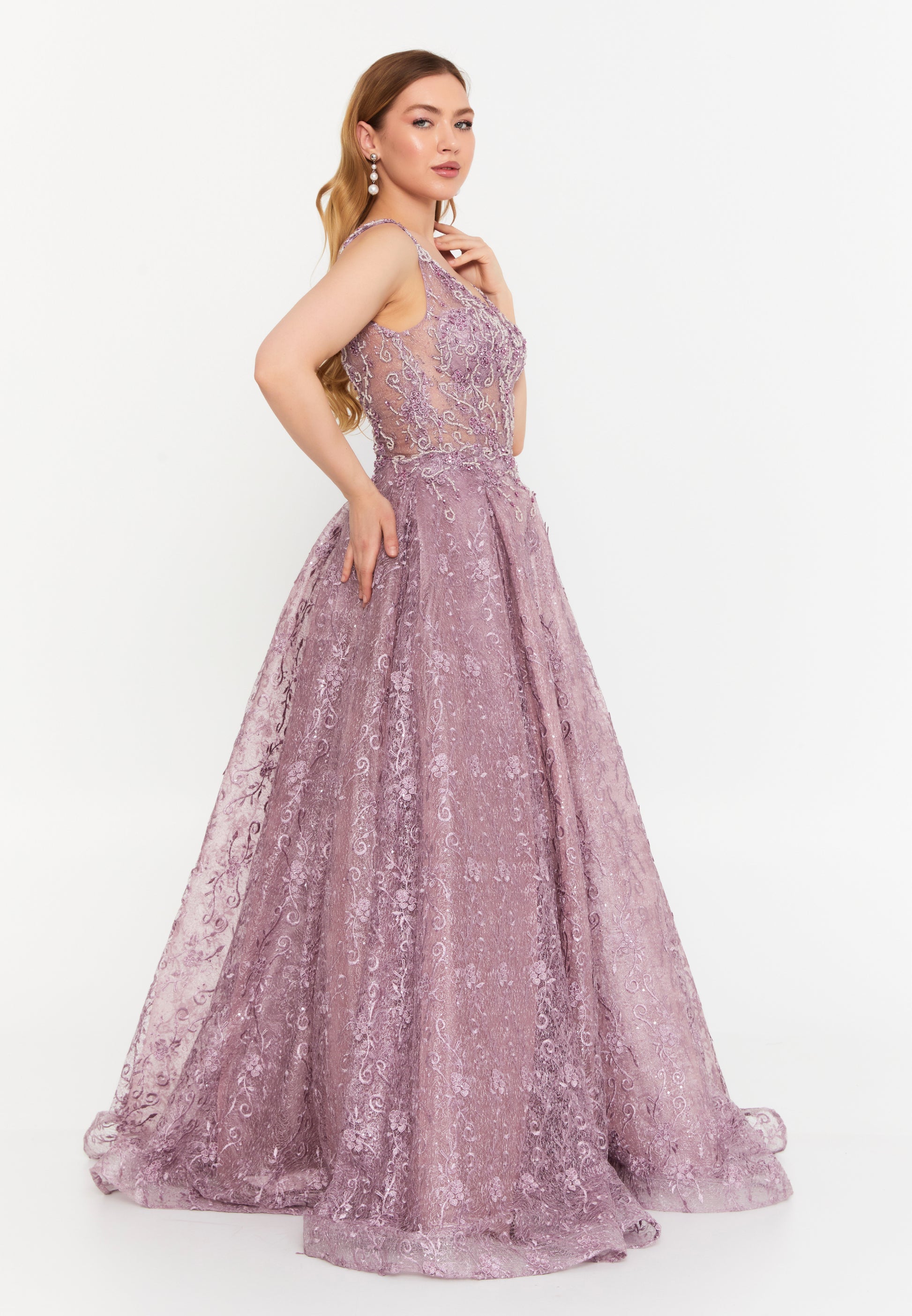 Sleeveless Maxi Lace A - Line Regular Prom Dress aln1530 - Prom Dress - Istanbul Fashion Center