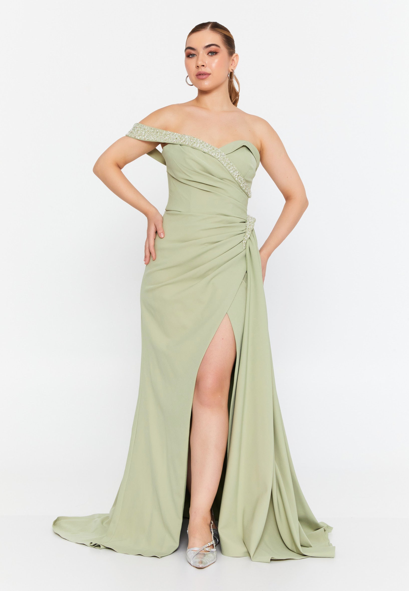 One Shoulder Maxi Crepe Mermaid Regular Evening Dress omn427 - Evening Dress - Istanbul Fashion Center