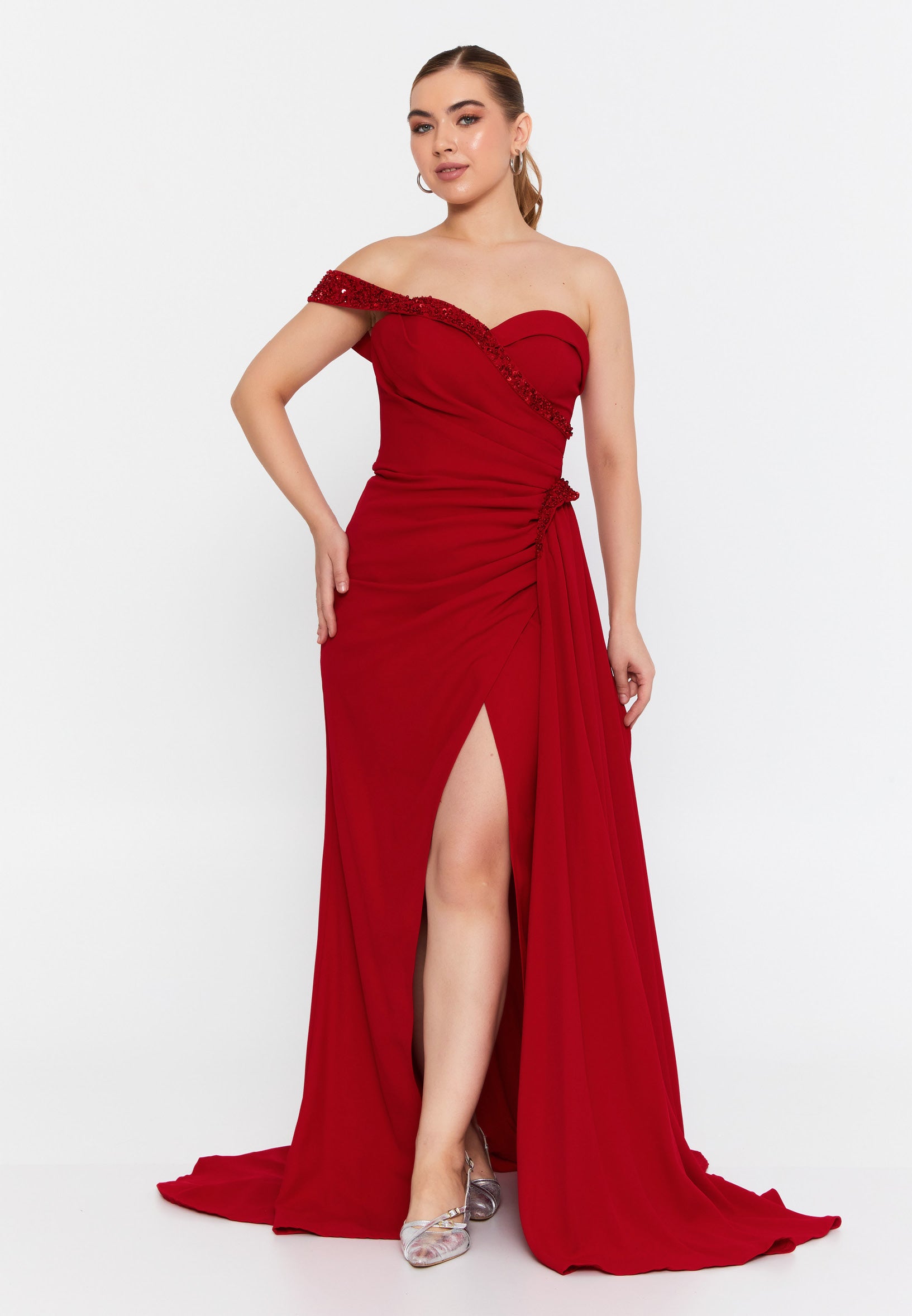 One Shoulder Maxi Crepe Mermaid Regular Evening Dress omn427 - Evening Dress - Istanbul Fashion Center