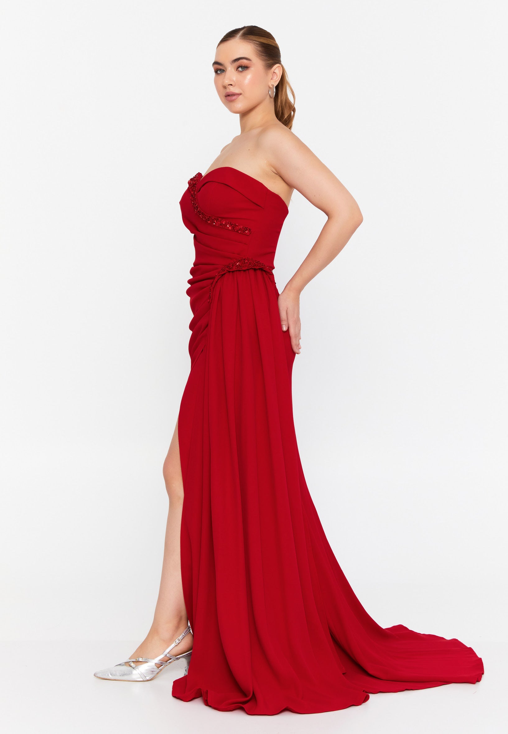 One Shoulder Maxi Crepe Mermaid Regular Evening Dress omn427 - Evening Dress - Istanbul Fashion Center