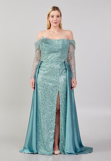 Off Shoulder Maxi Sequin Column Plus Size Wedding Guest Dress omn635-b - Wedding Guest Dress - Istanbul Fashion Center