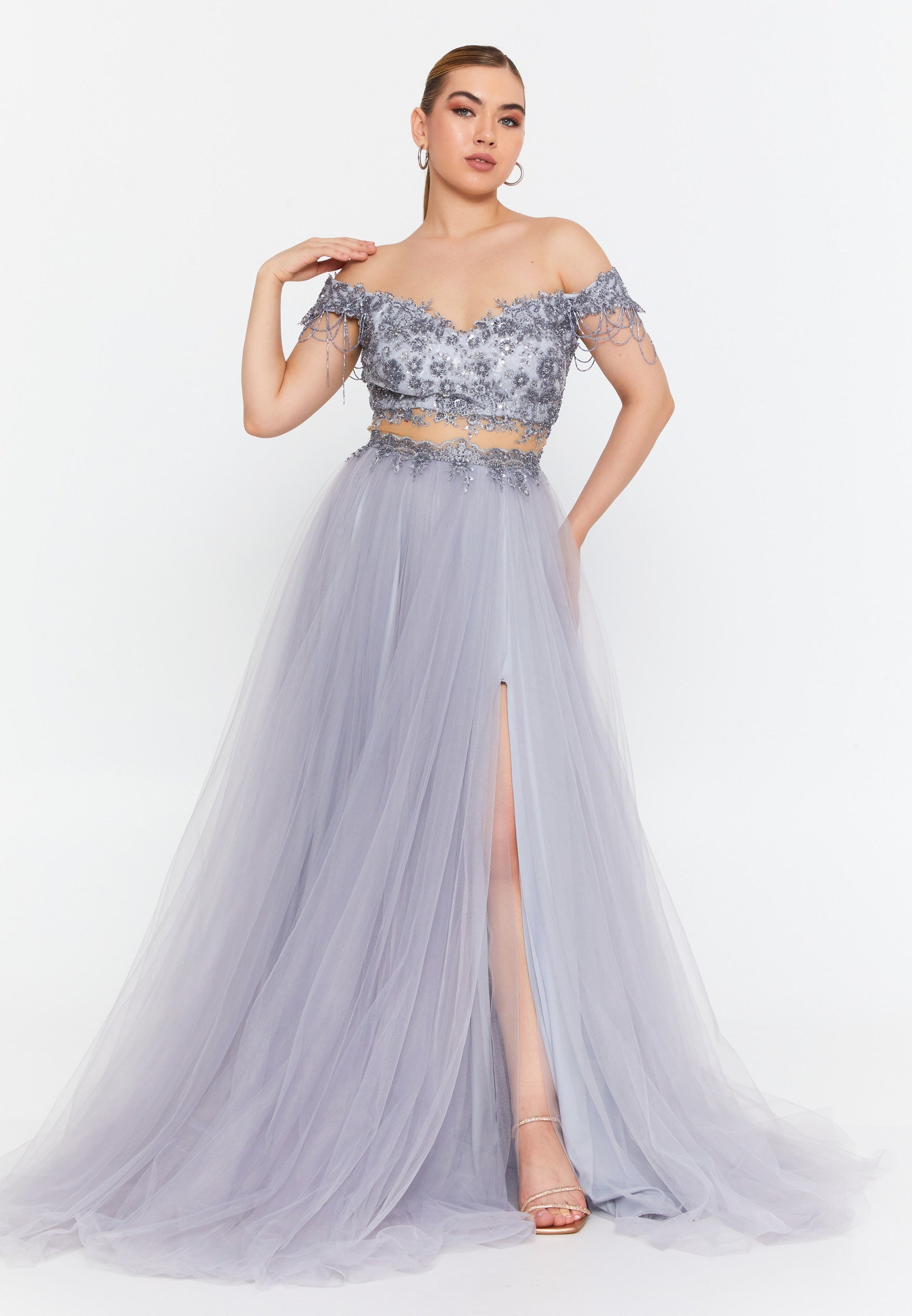 Off Shoulder Maxi Tulle A - Line Regular Prom Dress prl736 - Prom Dress - Istanbul Fashion Center