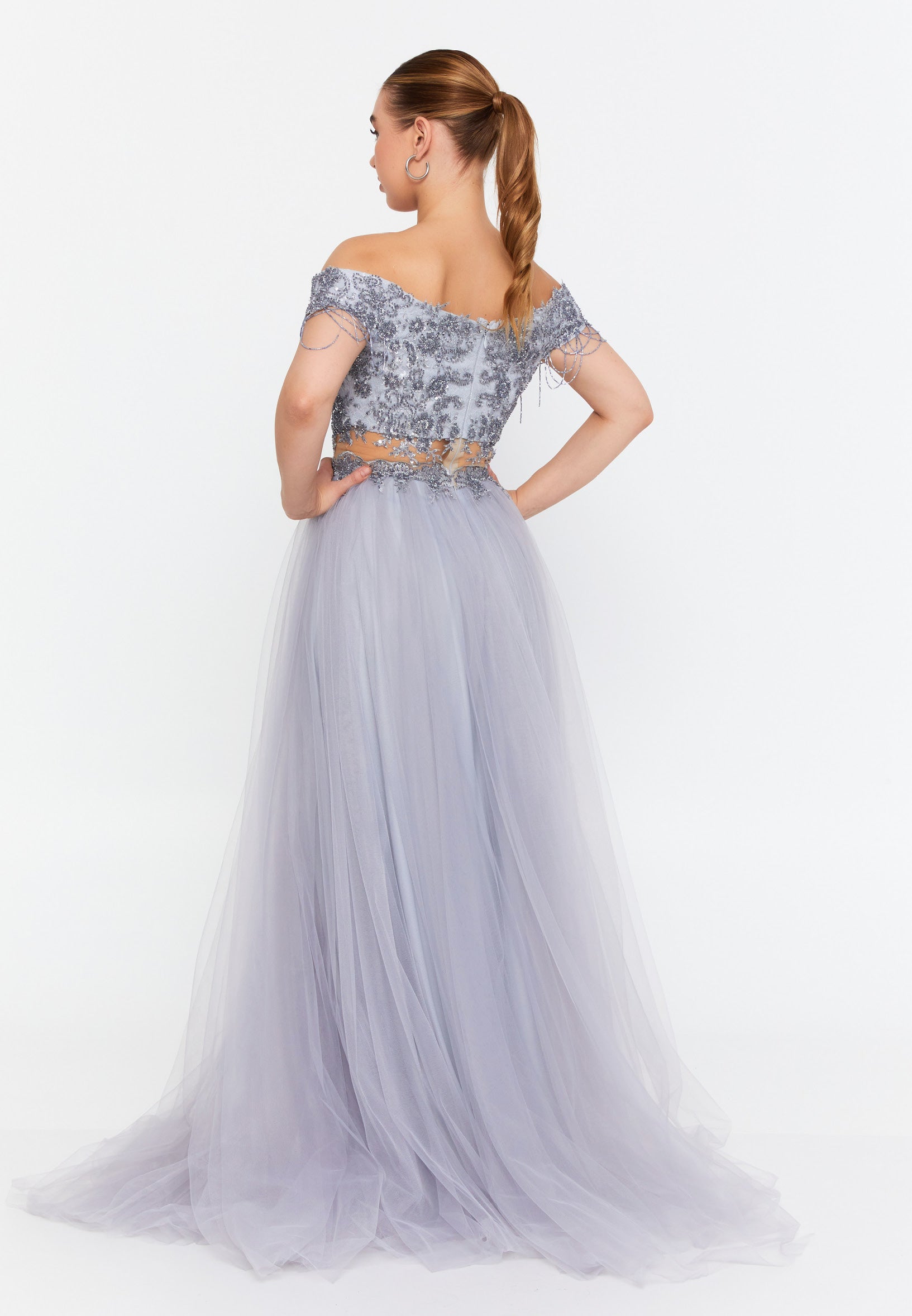 Off Shoulder Maxi Tulle A - Line Regular Prom Dress prl736 - Prom Dress - Istanbul Fashion Center