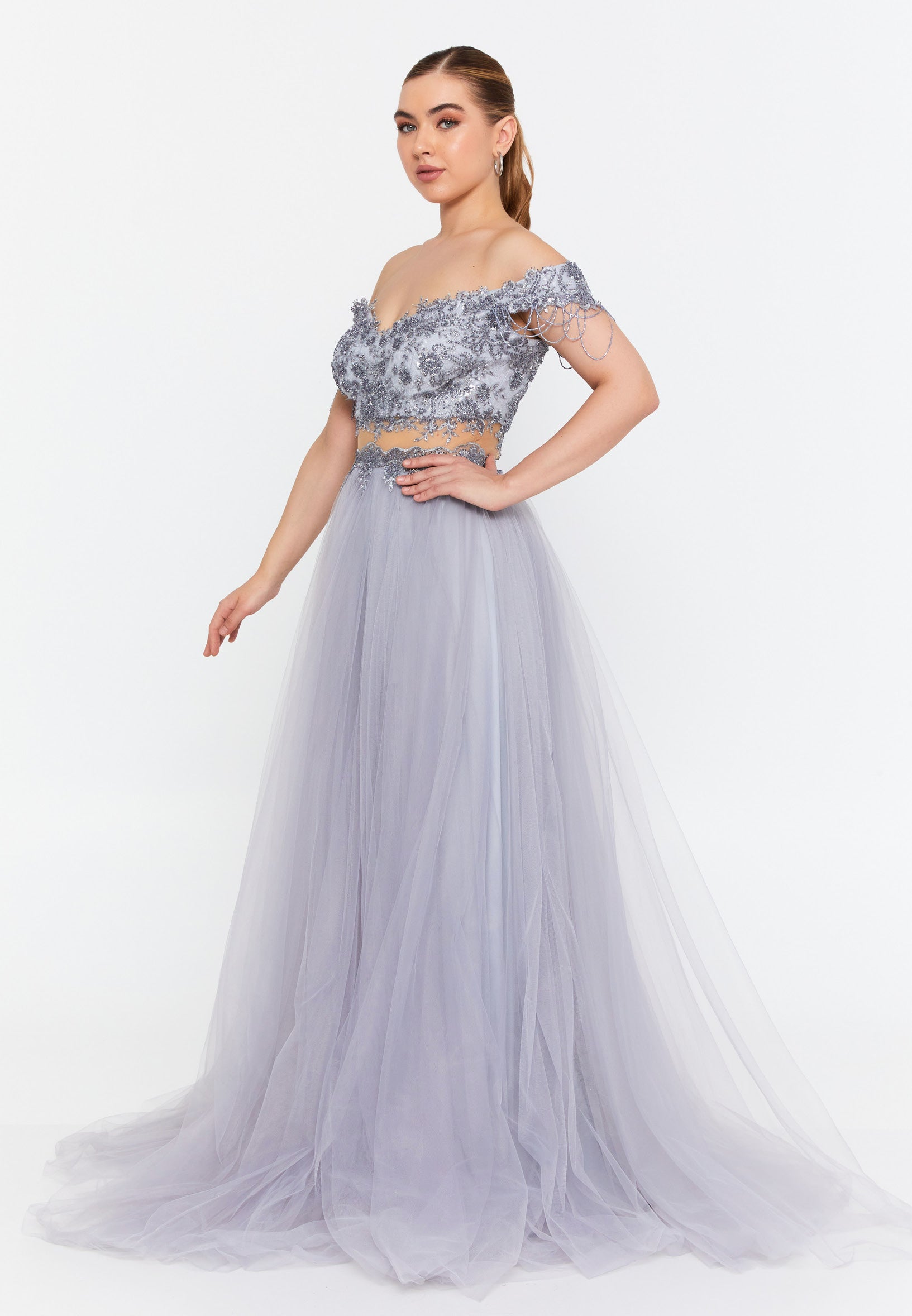 Off Shoulder Maxi Tulle A - Line Regular Prom Dress prl736 - Prom Dress - Istanbul Fashion Center