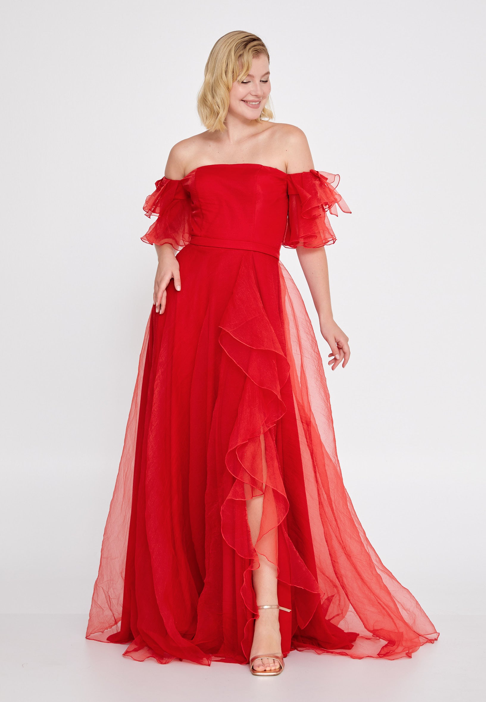 Off Shoulder Maxi Tulle A - Line Regular Wedding Guest Dress rmn3095 - Wedding Guest Dress - Istanbul Fashion Center
