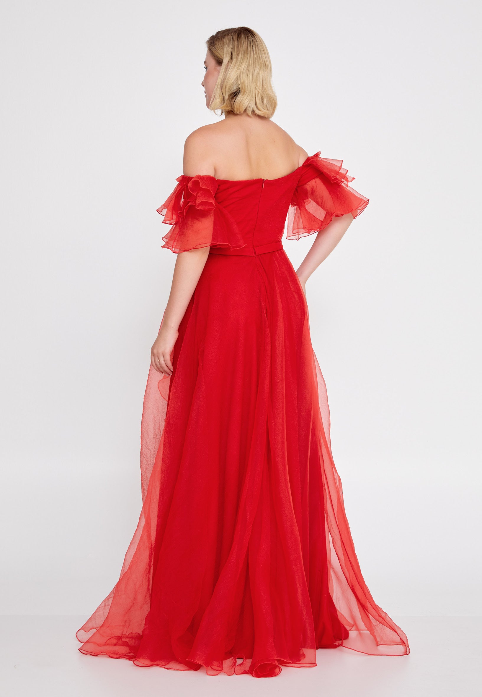 Off Shoulder Maxi Tulle A - Line Regular Wedding Guest Dress rmn3095 - Wedding Guest Dress - Istanbul Fashion Center
