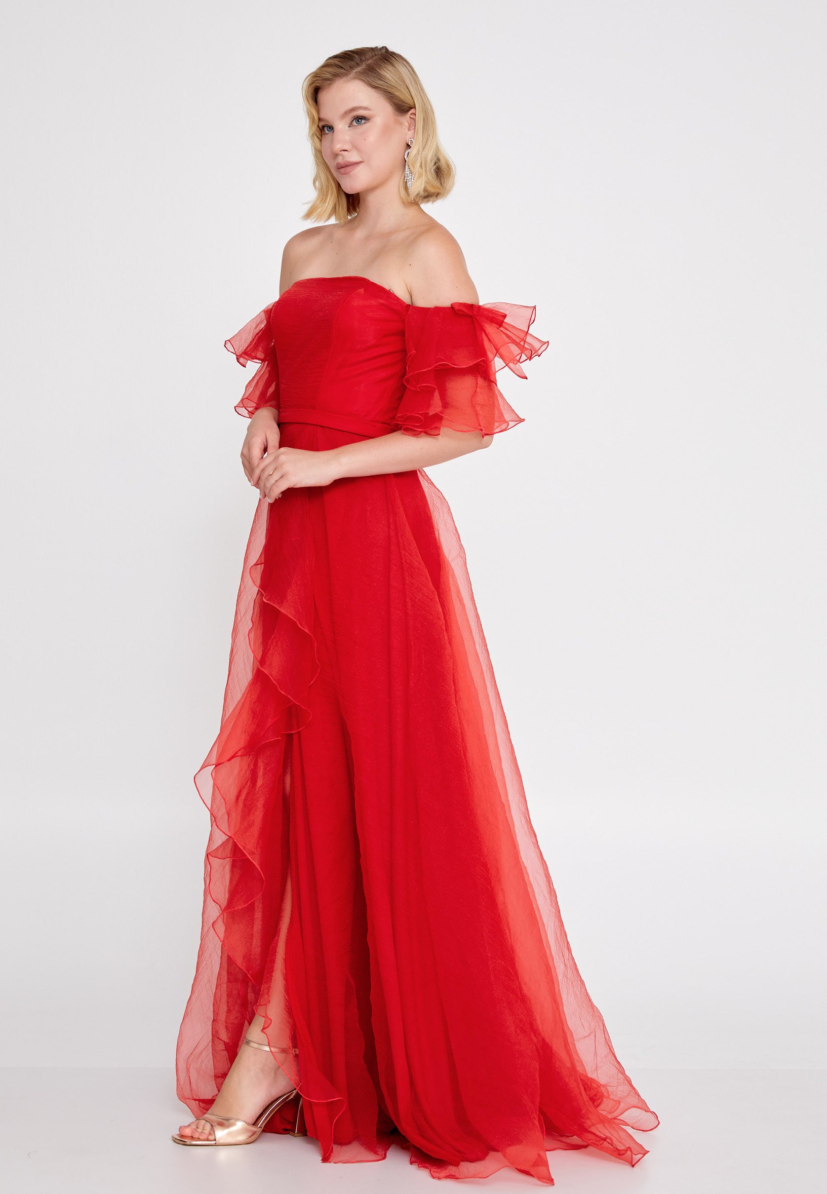 Off Shoulder Maxi Tulle A - Line Regular Wedding Guest Dress rmn3095 - Wedding Guest Dress - Istanbul Fashion Center