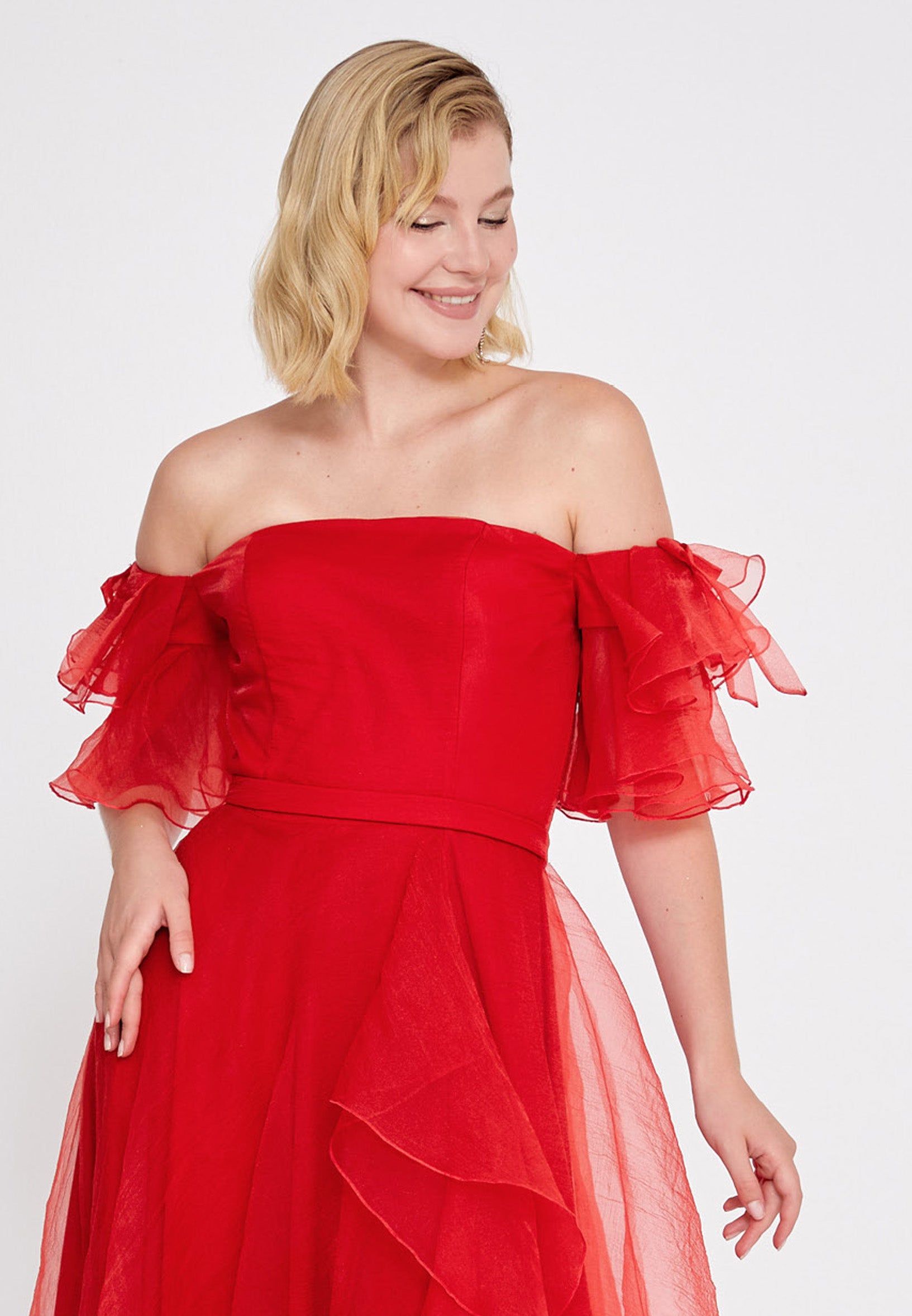 Off Shoulder Maxi Tulle A - Line Regular Wedding Guest Dress rmn3095 - Wedding Guest Dress - Istanbul Fashion Center