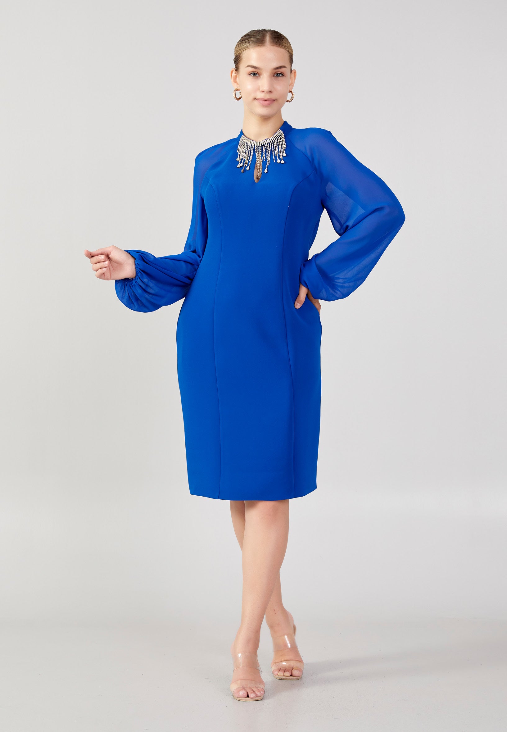 Long Sleeve Midi Crepe Column Plus Size Evening Dress jnm23-354-b Green / 44-46-48 Long Sleeve Midi Crepe Column Plus Size Evening Dress jnm23-354-b Green / 44-46-48