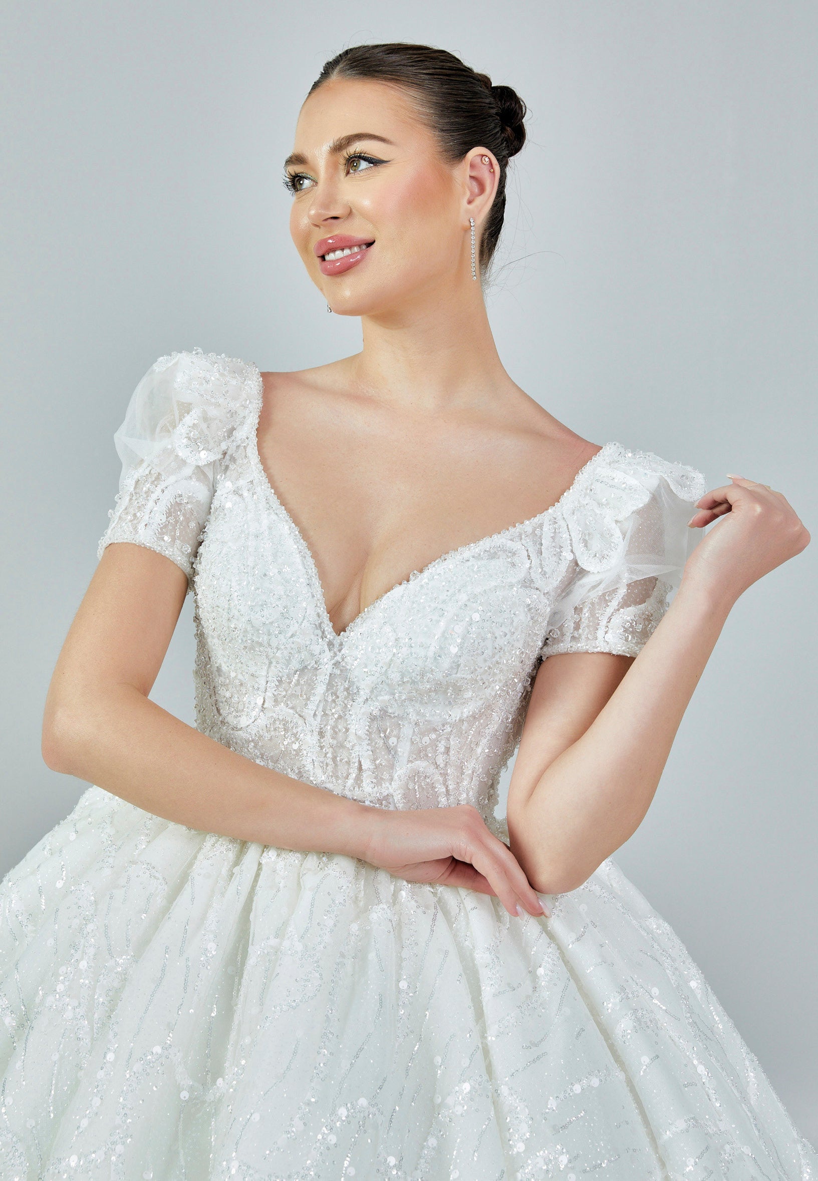 tulle short sleeve dress LACE & TULLE SHORT SLEEVE WEDDING GOWN BY ANDREA & LEO COUTURE STYLE WL035 OFF WHITE-NUDE / 12