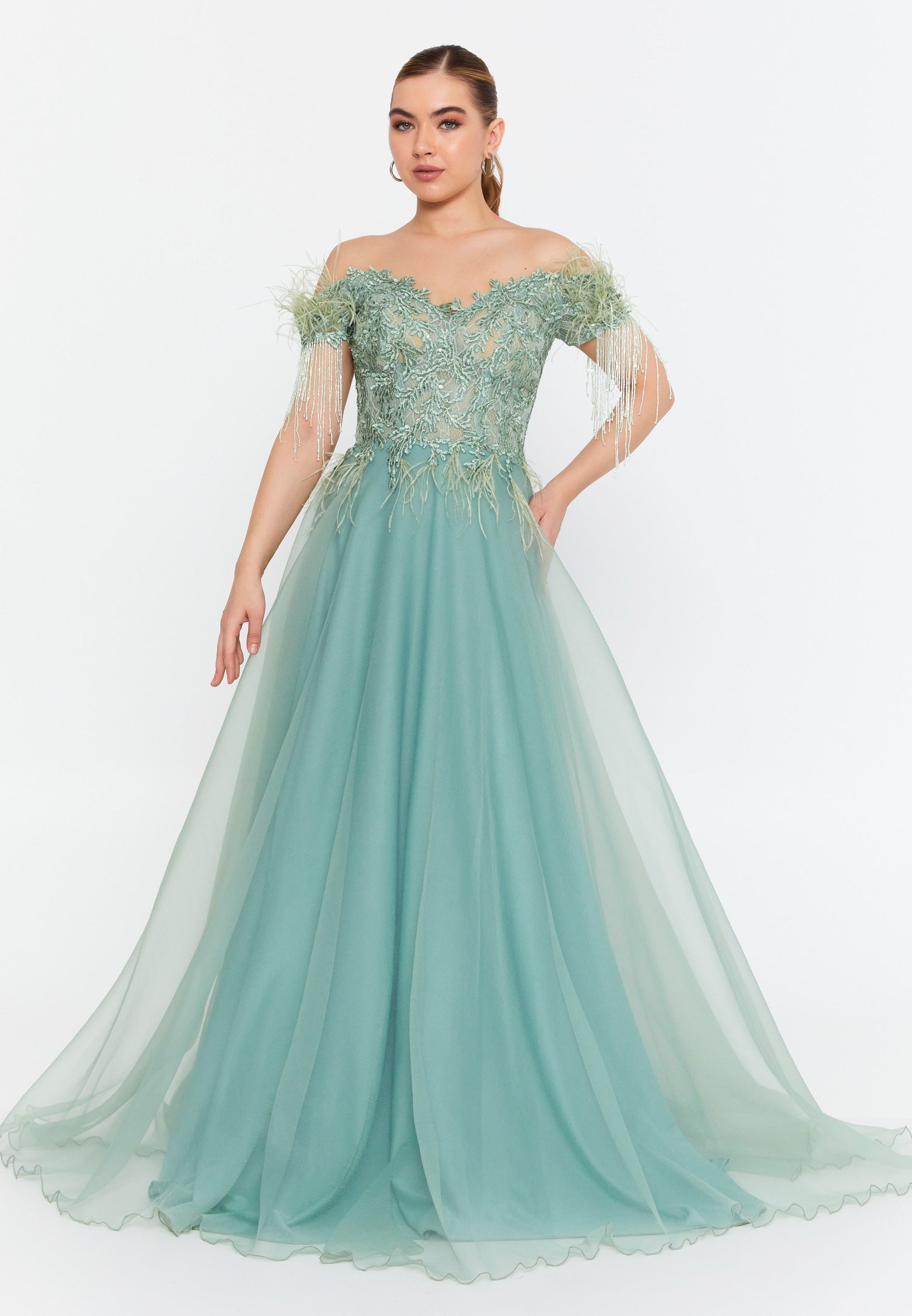 Sleeveless Maxi Tulle A - Line Regular Prom Dress omn2161 - Prom Dress - Istanbul Fashion Center