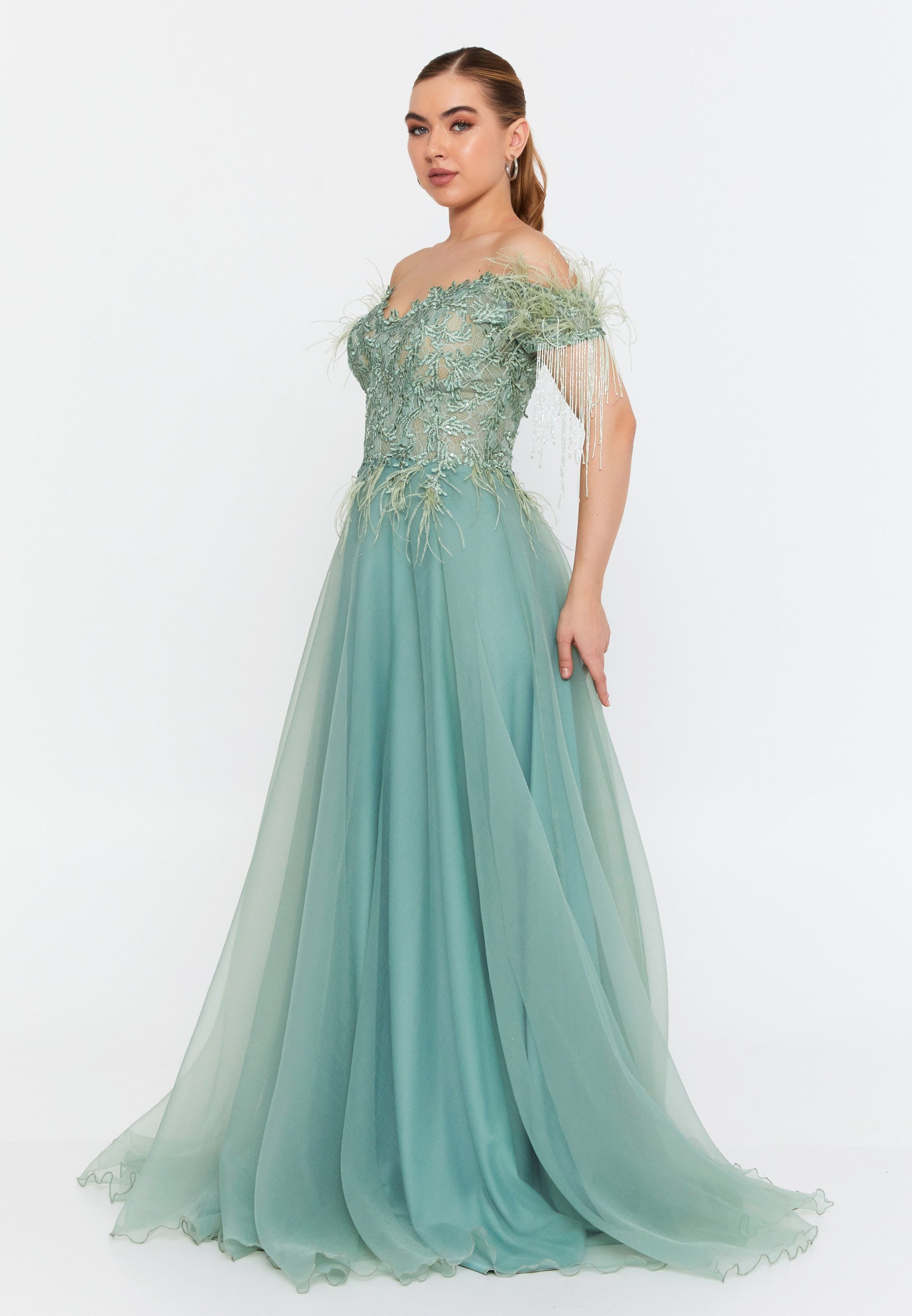 Sleeveless Maxi Tulle A - Line Regular Prom Dress omn2161 - Prom Dress - Istanbul Fashion Center