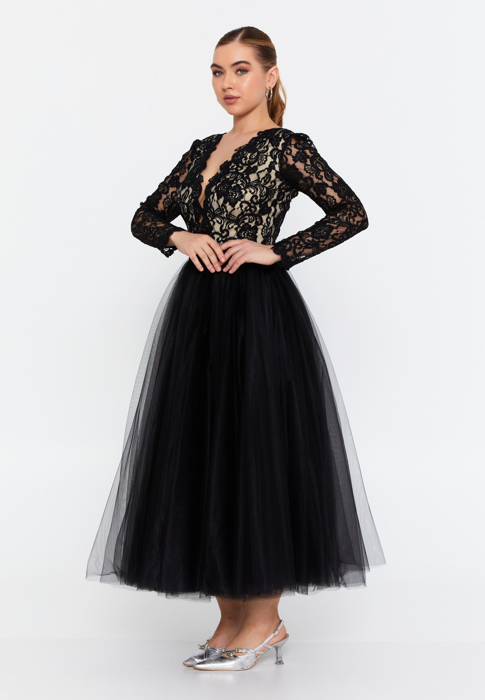 Long Sleeve Midi Tulle A - Line Regular Prom Dress prl732 Long Sleeve Midi Tulle A - Line Regular Prom Dress prl732
