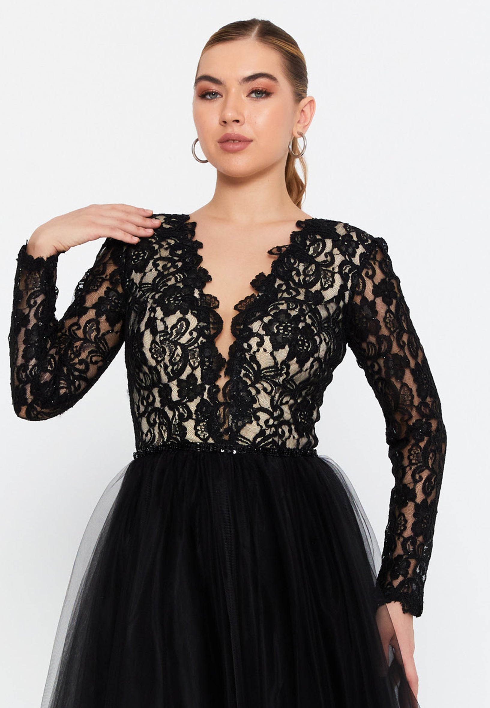 Long Sleeve Midi Tulle A - Line Regular Prom Dress prl732 Long Sleeve Midi Tulle A - Line Regular Prom Dress prl732