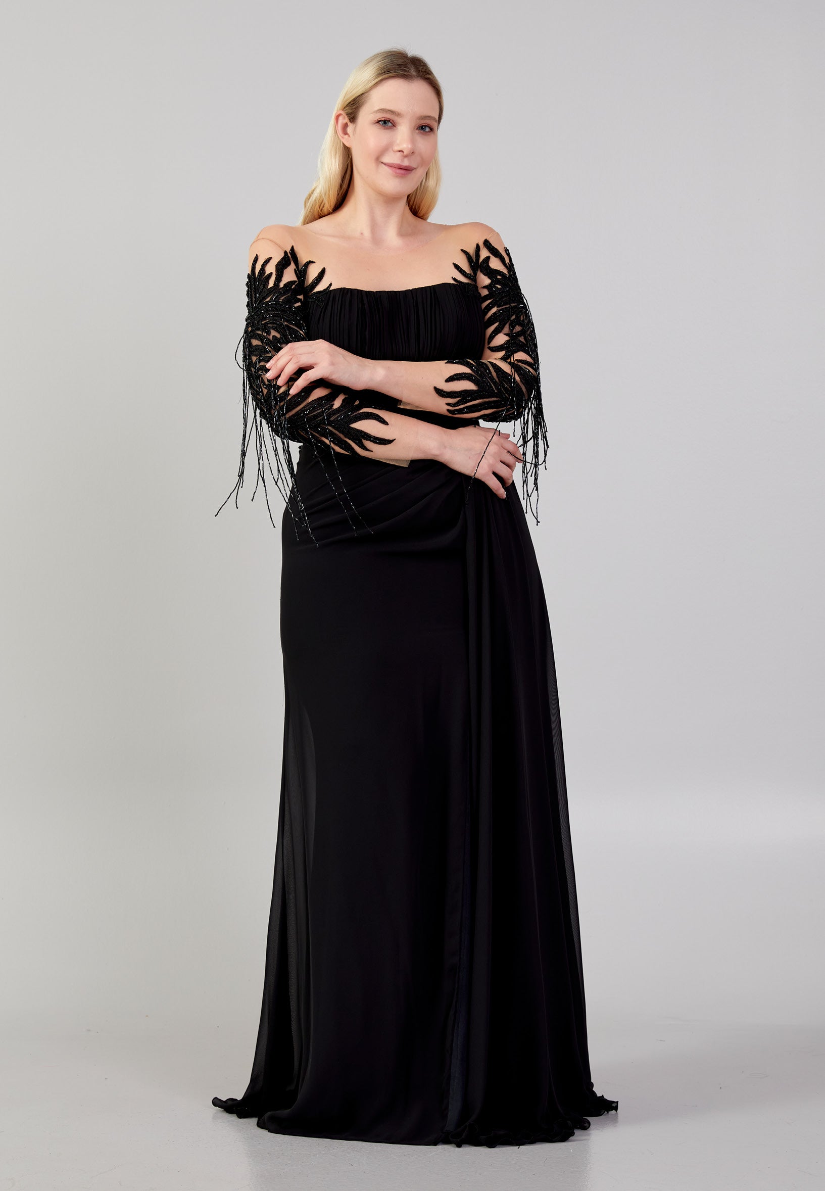 Long Sleeve Maxi Chiffon Column Plus Size Wedding Guest Dress omn631-b