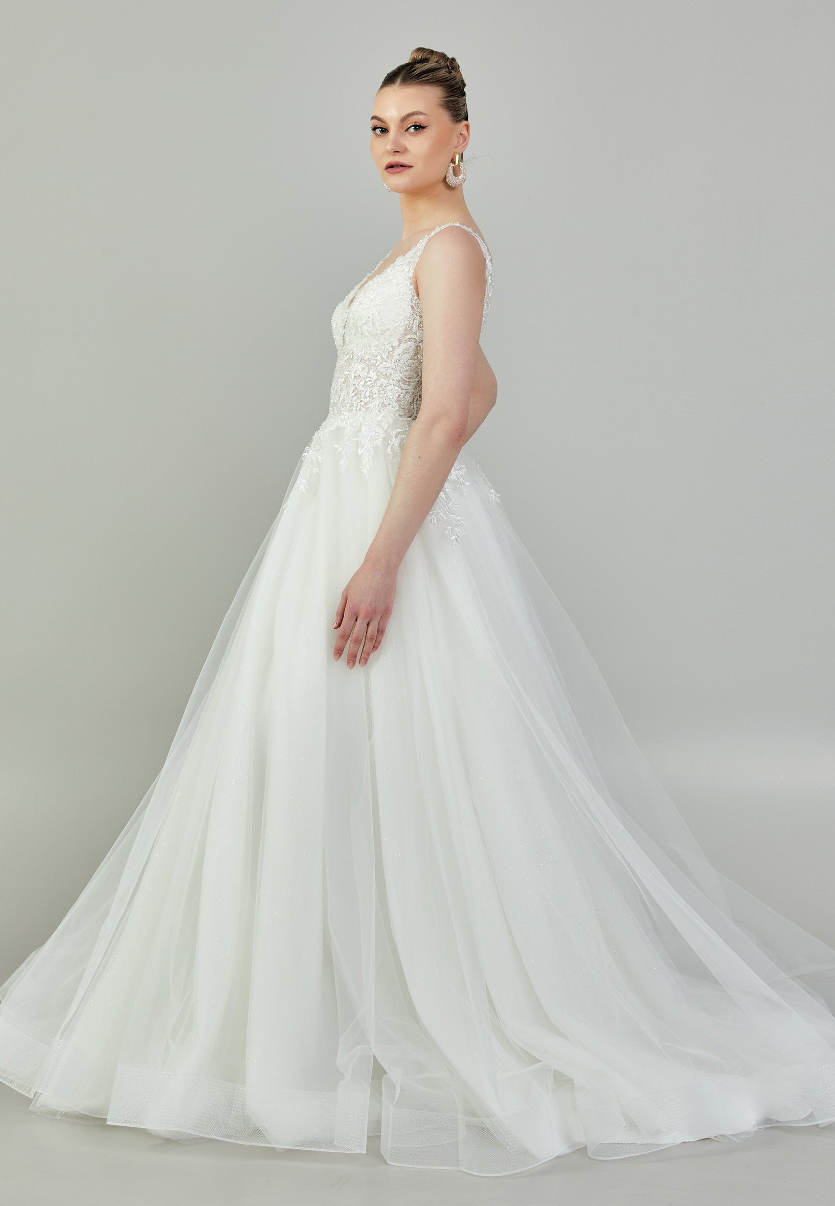 Sleeveless Maxi Tulle Regular Wedding Dress jmrm227 - Wedding Dress - Istanbul Fashion Center