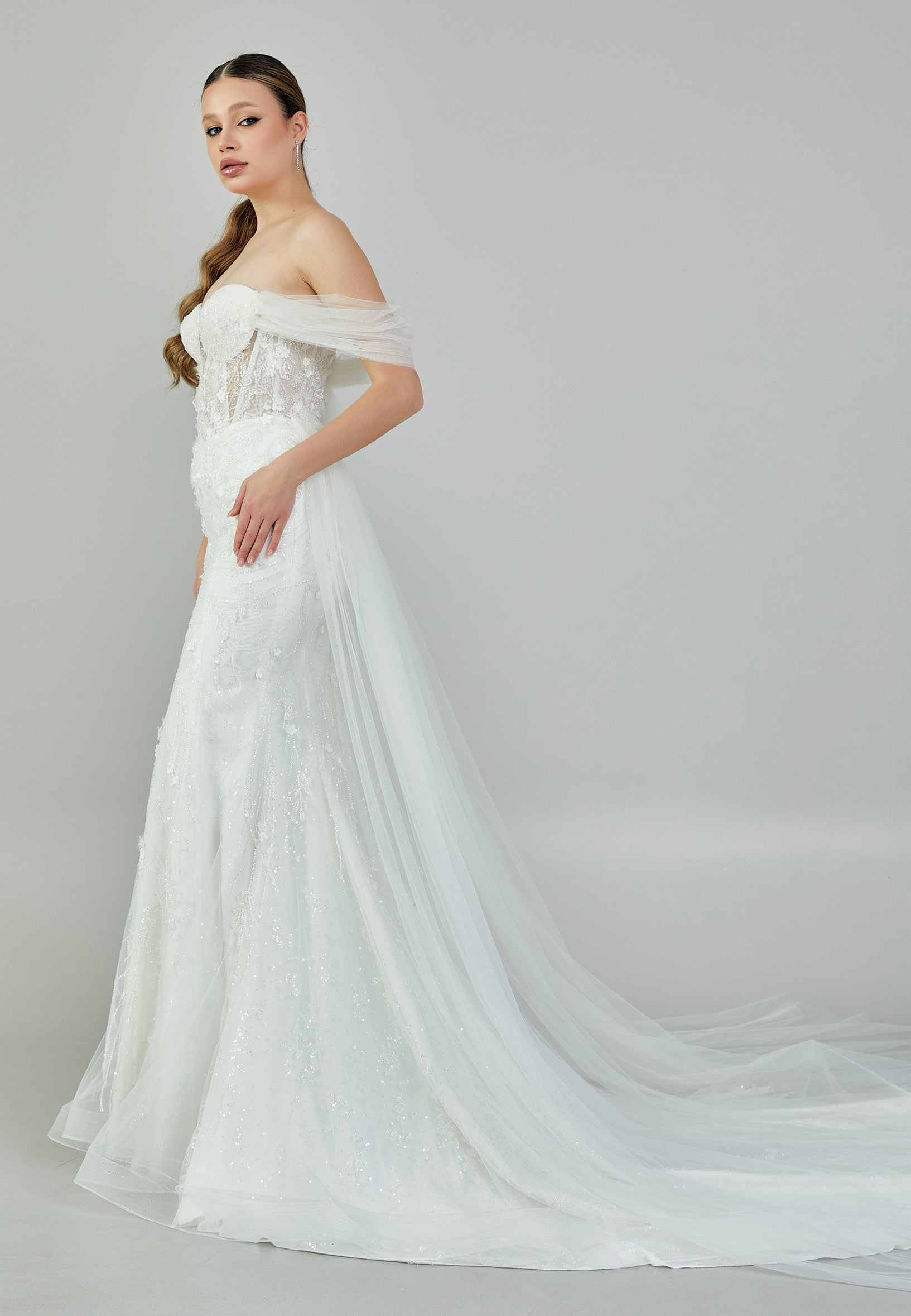 Off Shoulder Maxi Tulle Regular Wedding Dress jmrj512 - Wedding Dress - Istanbul Fashion Center