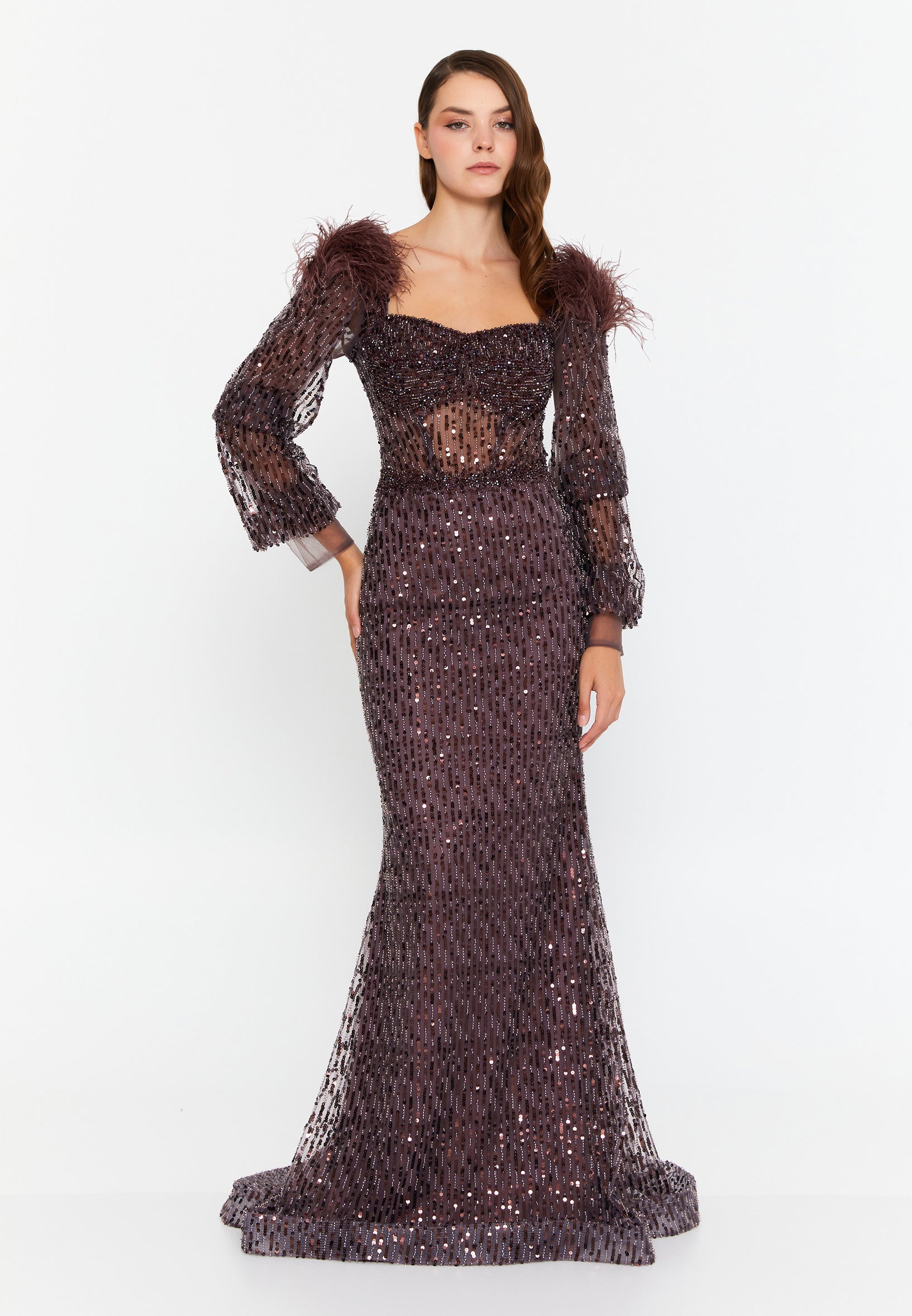 Long Sleeve Maxi Sequin Mermaid Regular Prom Dress srb23143 - Prom Dress - Istanbul Fashion Center