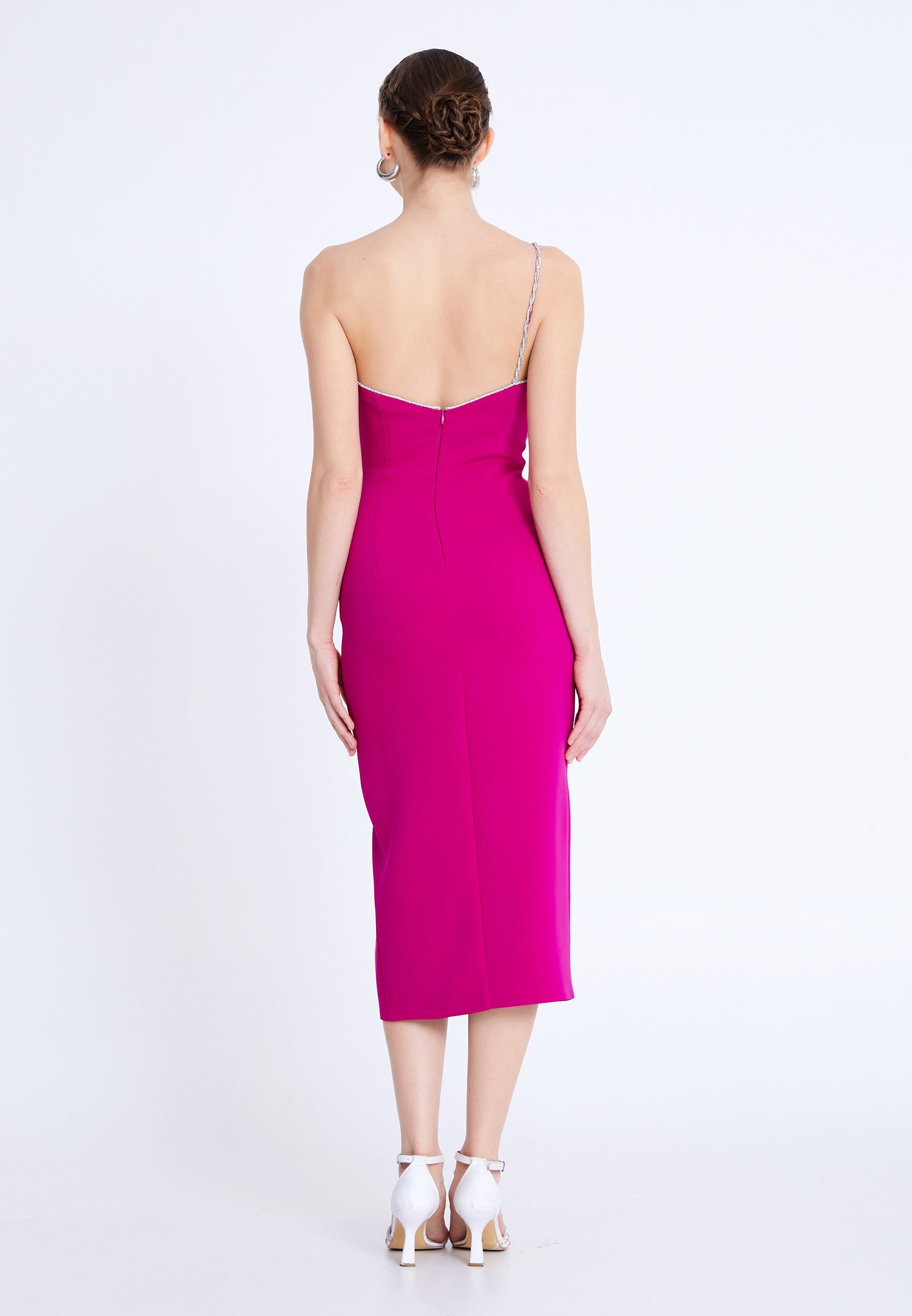 One Shoulder Midi Viscose Column Regular Evening Dress aln1812 - Evening Dress - Istanbul Fashion Center