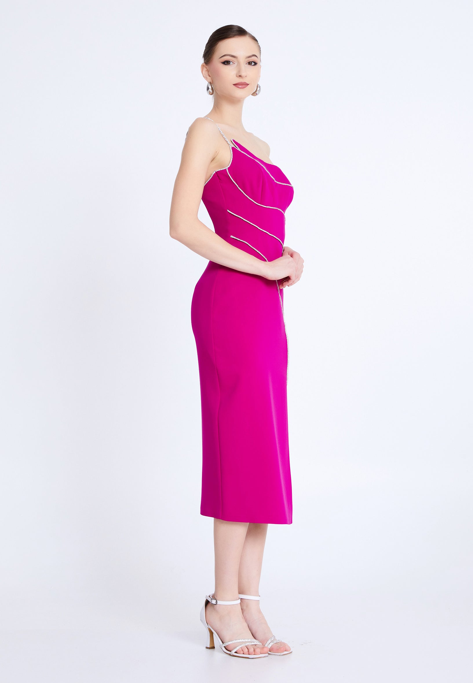 One Shoulder Midi Viscose Column Regular Evening Dress aln1812 - Evening Dress - Istanbul Fashion Center