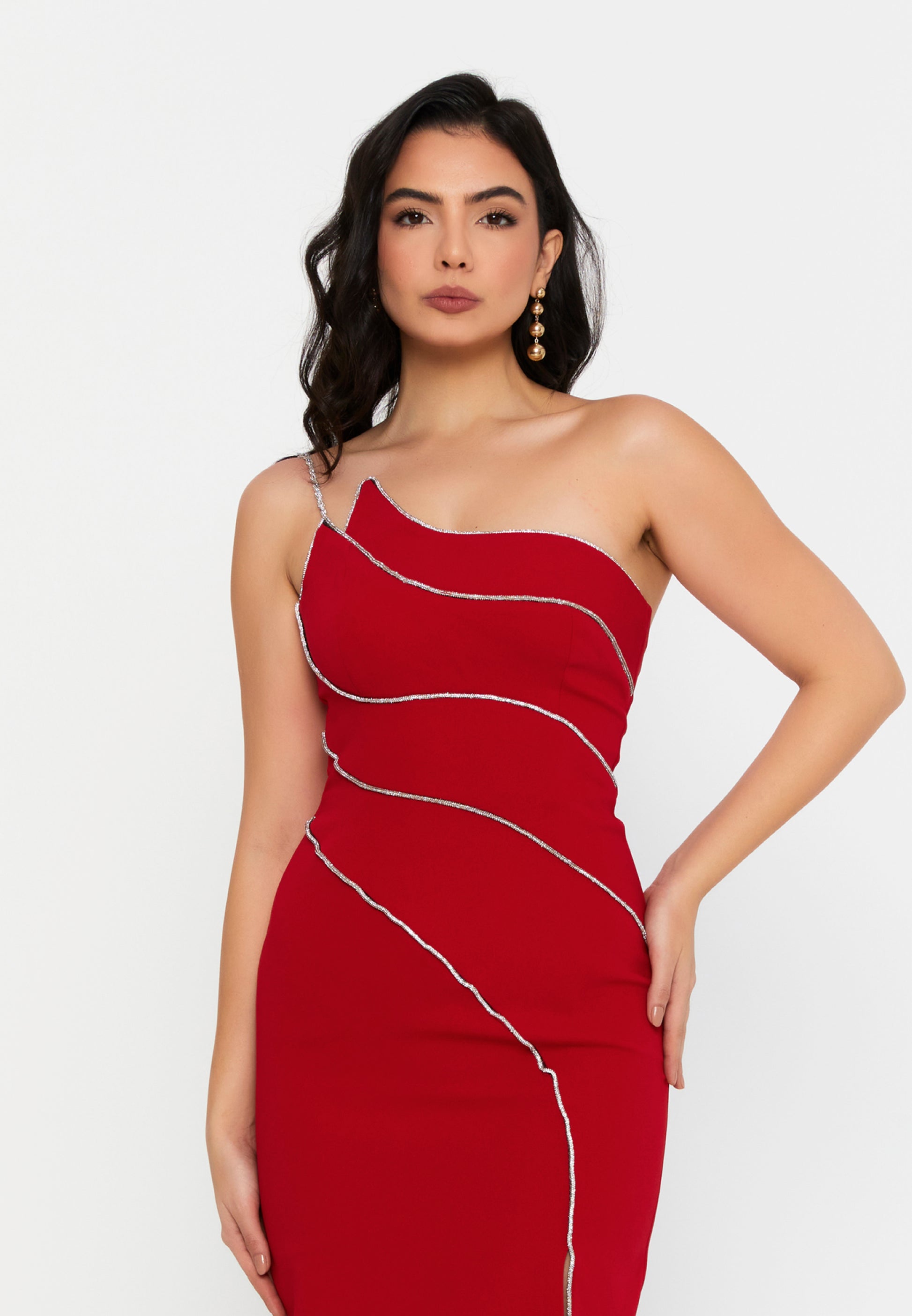 One Shoulder Midi Viscose Column Regular Evening Dress aln1812 - Evening Dress - Istanbul Fashion Center