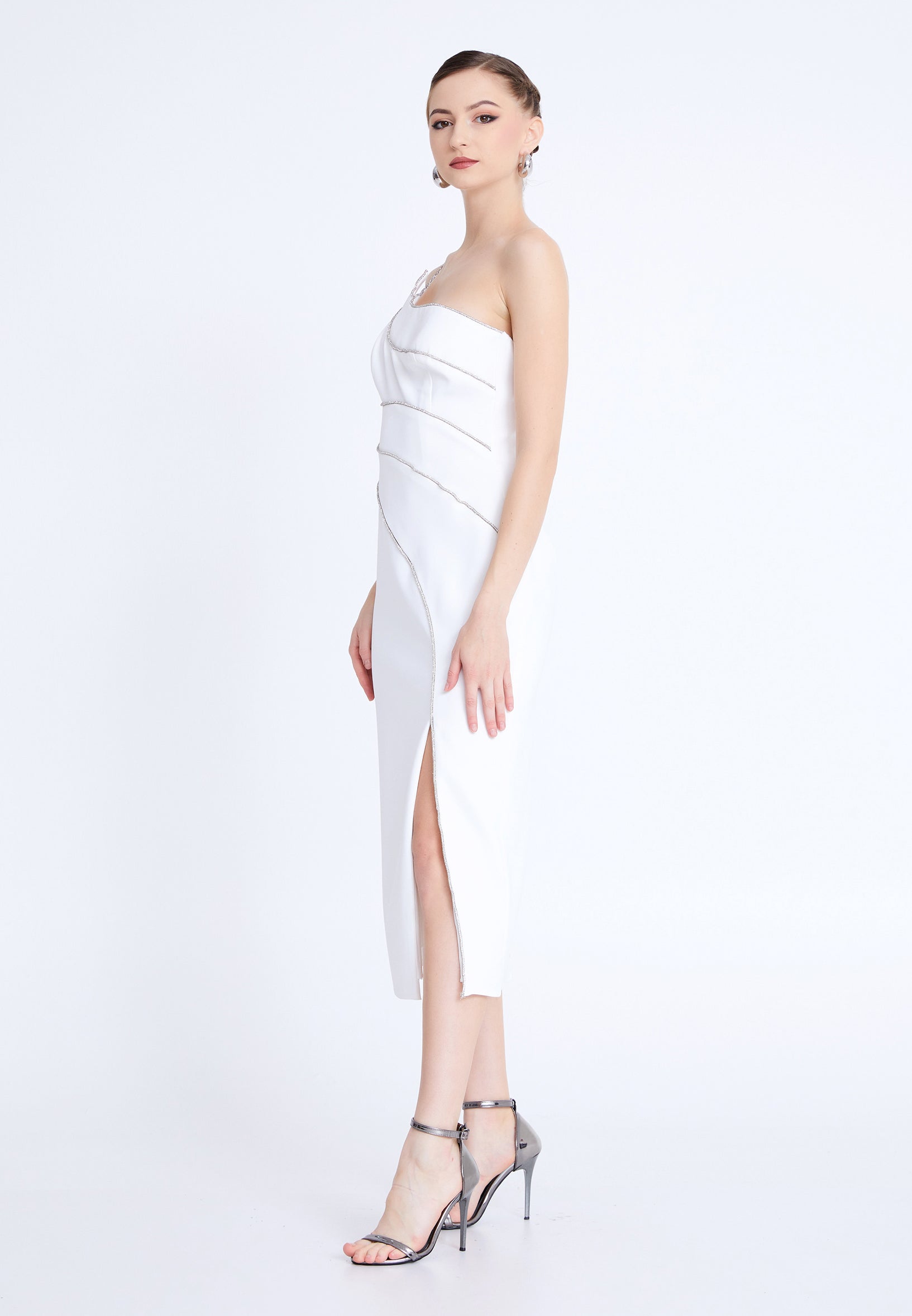 One Shoulder Midi Viscose Column Regular Evening Dress aln1812 - Evening Dress - Istanbul Fashion Center