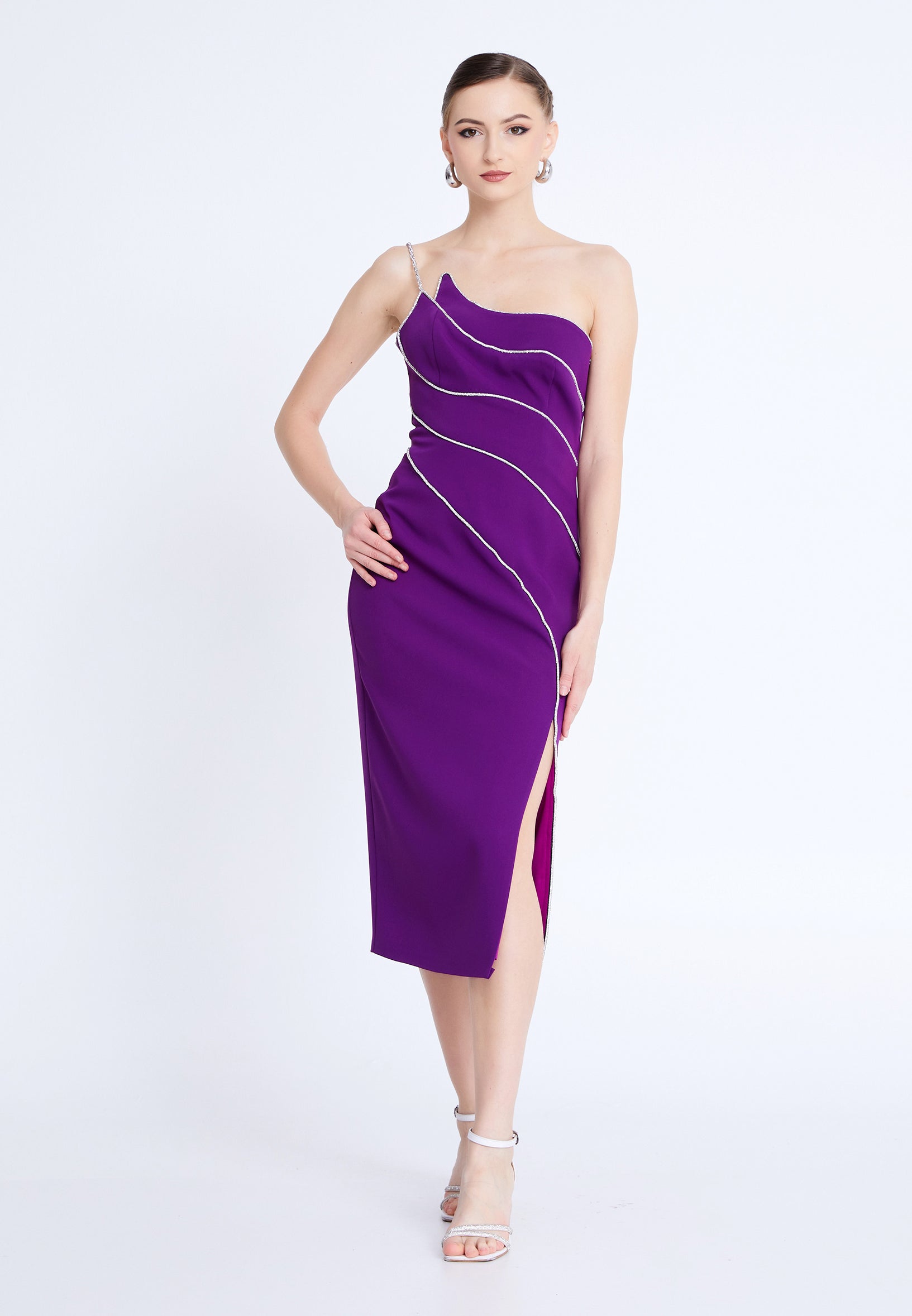 One Shoulder Midi Viscose Column Regular Evening Dress aln1812 - Evening Dress - Istanbul Fashion Center