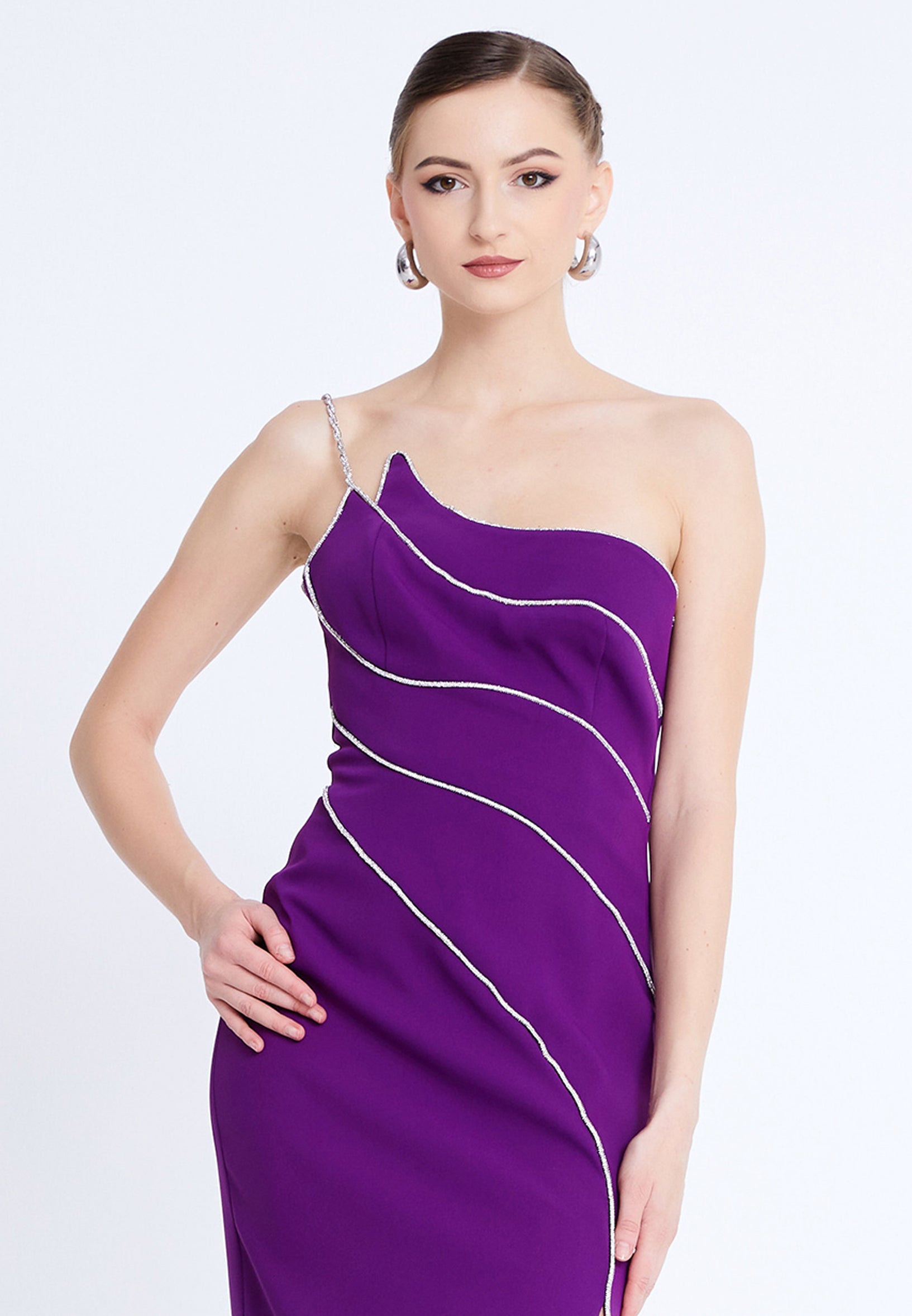 One Shoulder Midi Viscose Column Regular Evening Dress aln1812 - Evening Dress - Istanbul Fashion Center