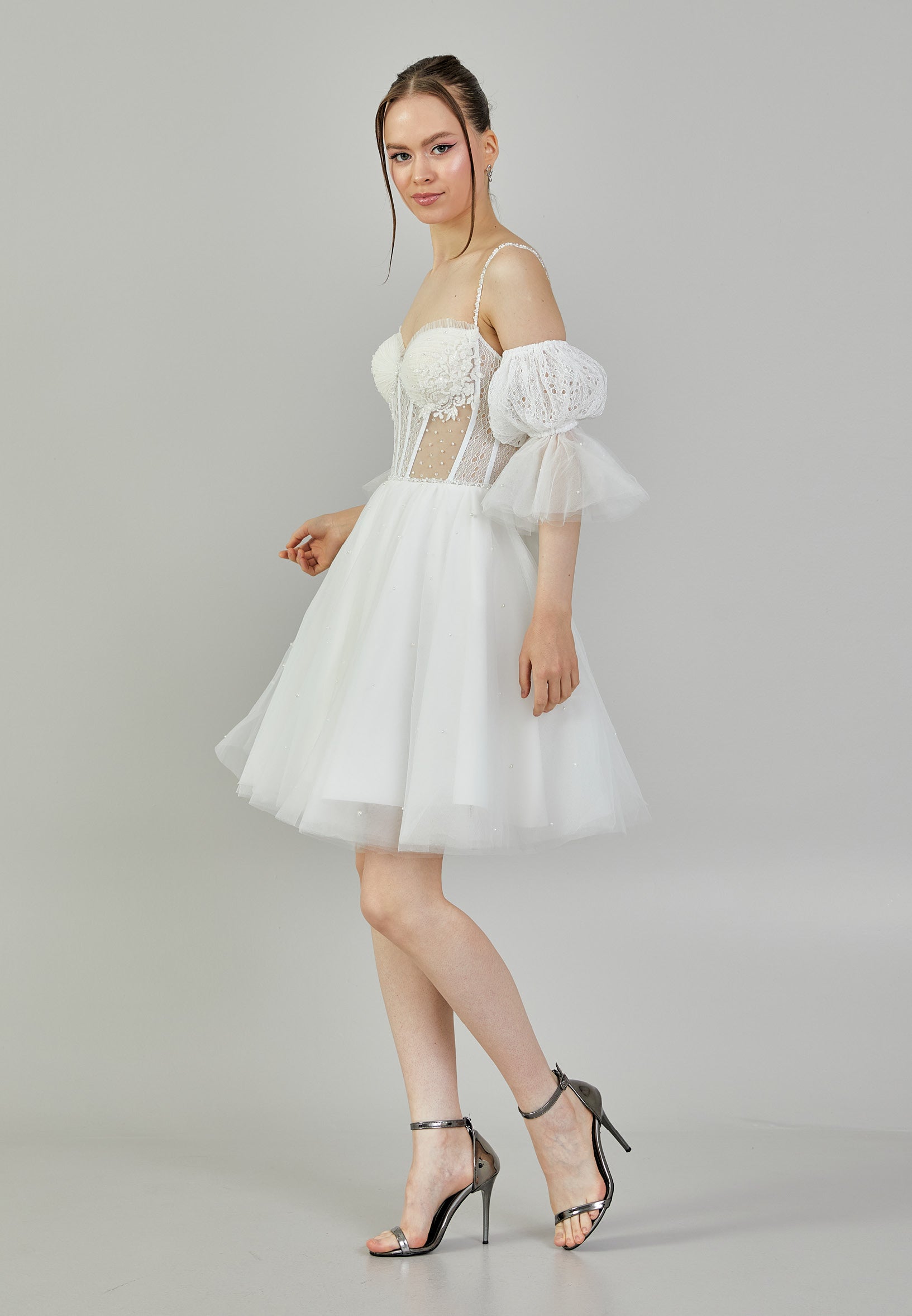 Off Shoulder Mini Tulle Regular Wedding Dress asd4005 - Wedding Dress - Istanbul Fashion Center