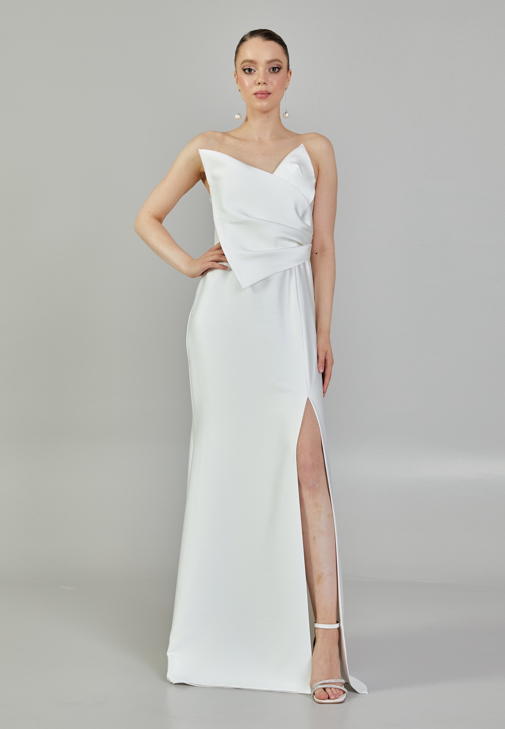 Strapless Maxi Satin Regular Wedding Dress mxg57023 - Wedding Dress - Istanbul Fashion Center