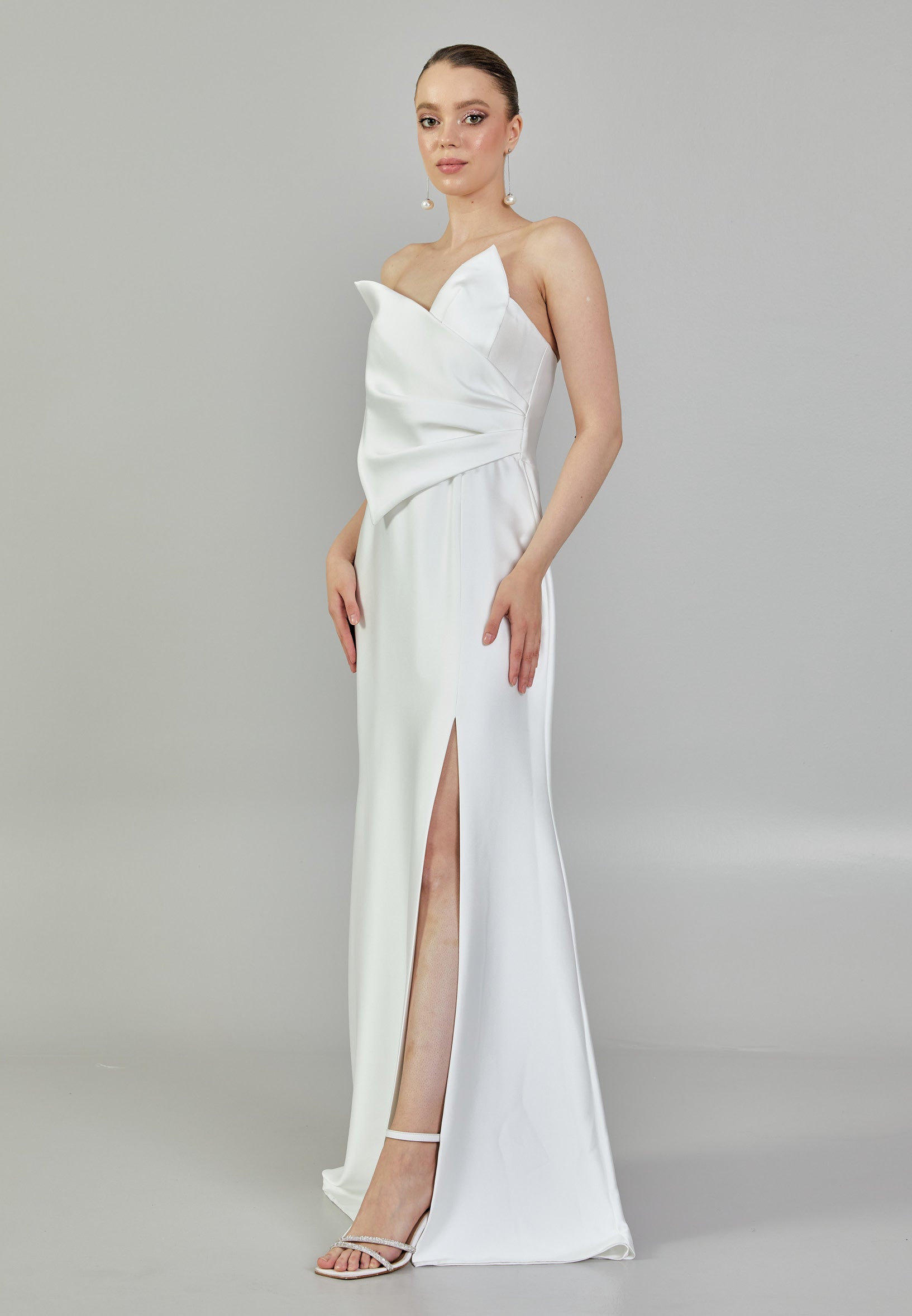 Strapless Maxi Satin Regular Wedding Dress mxg57023 - Wedding Dress - Istanbul Fashion Center