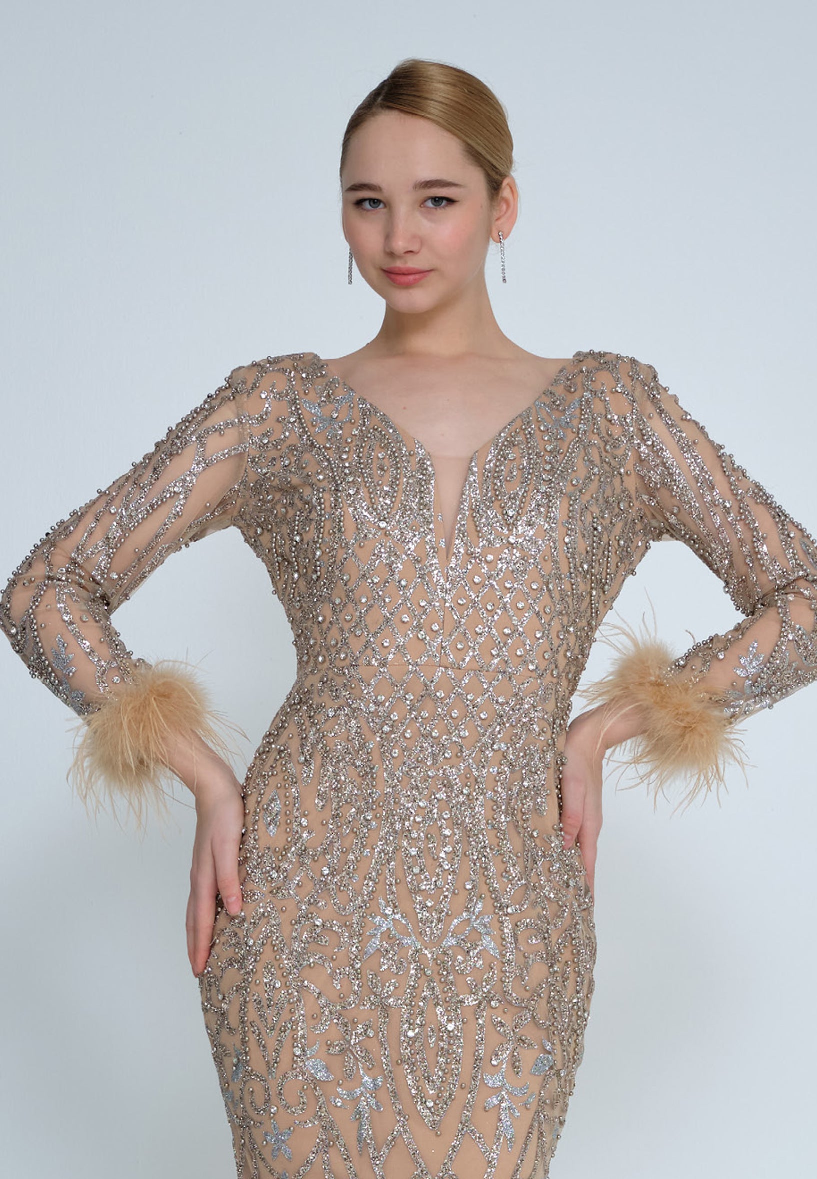 Long Sleeve Maxi Tulle Mermaid Regular Wedding Guest Dress lns3831 - Wedding Guest Dress - Istanbul Fashion Center