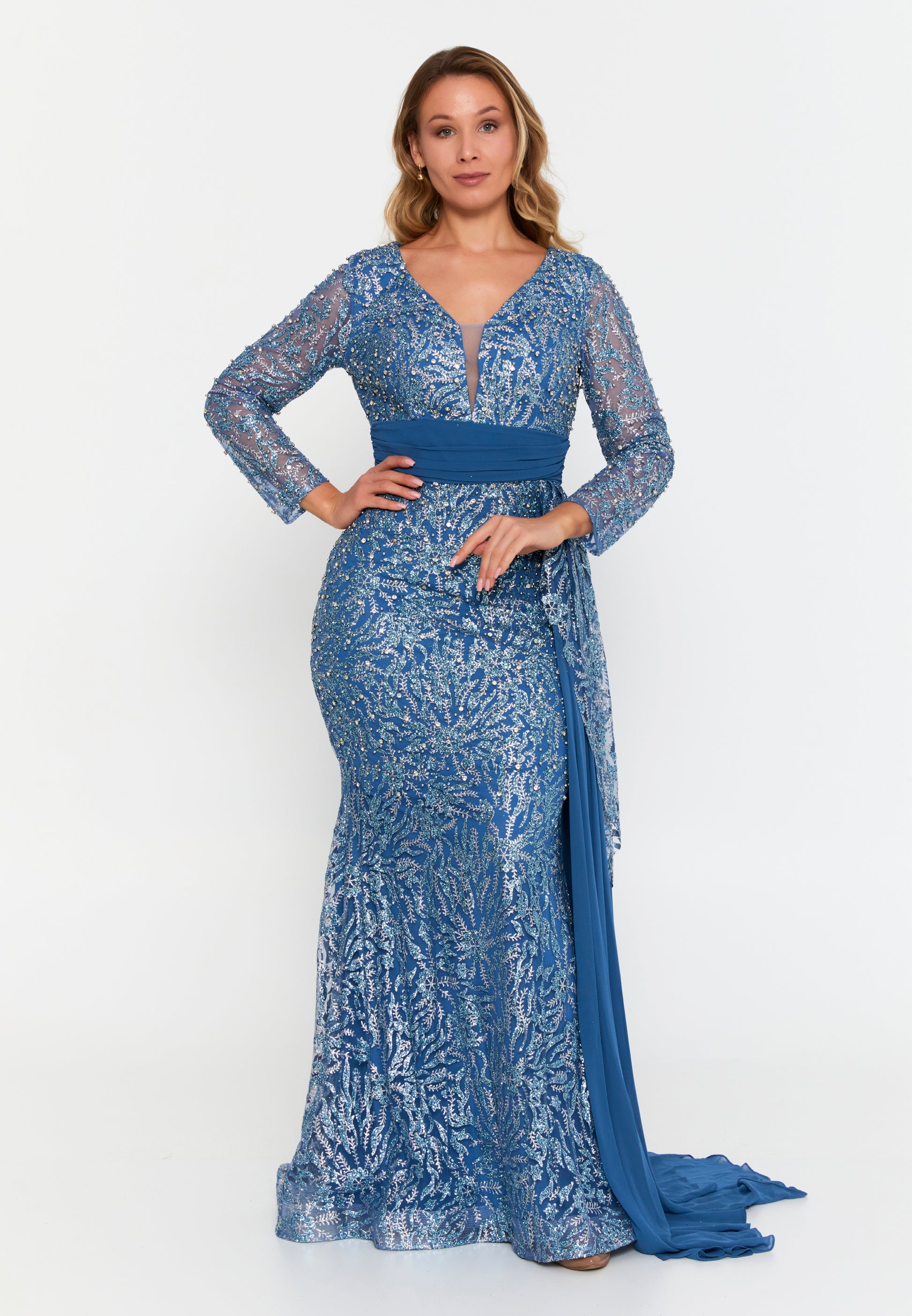 Long Sleeve Maxi Sequin Mermaid Plus Size Wedding Guest Dress lns5215 - Wedding Guest Dress - Istanbul Fashion Center