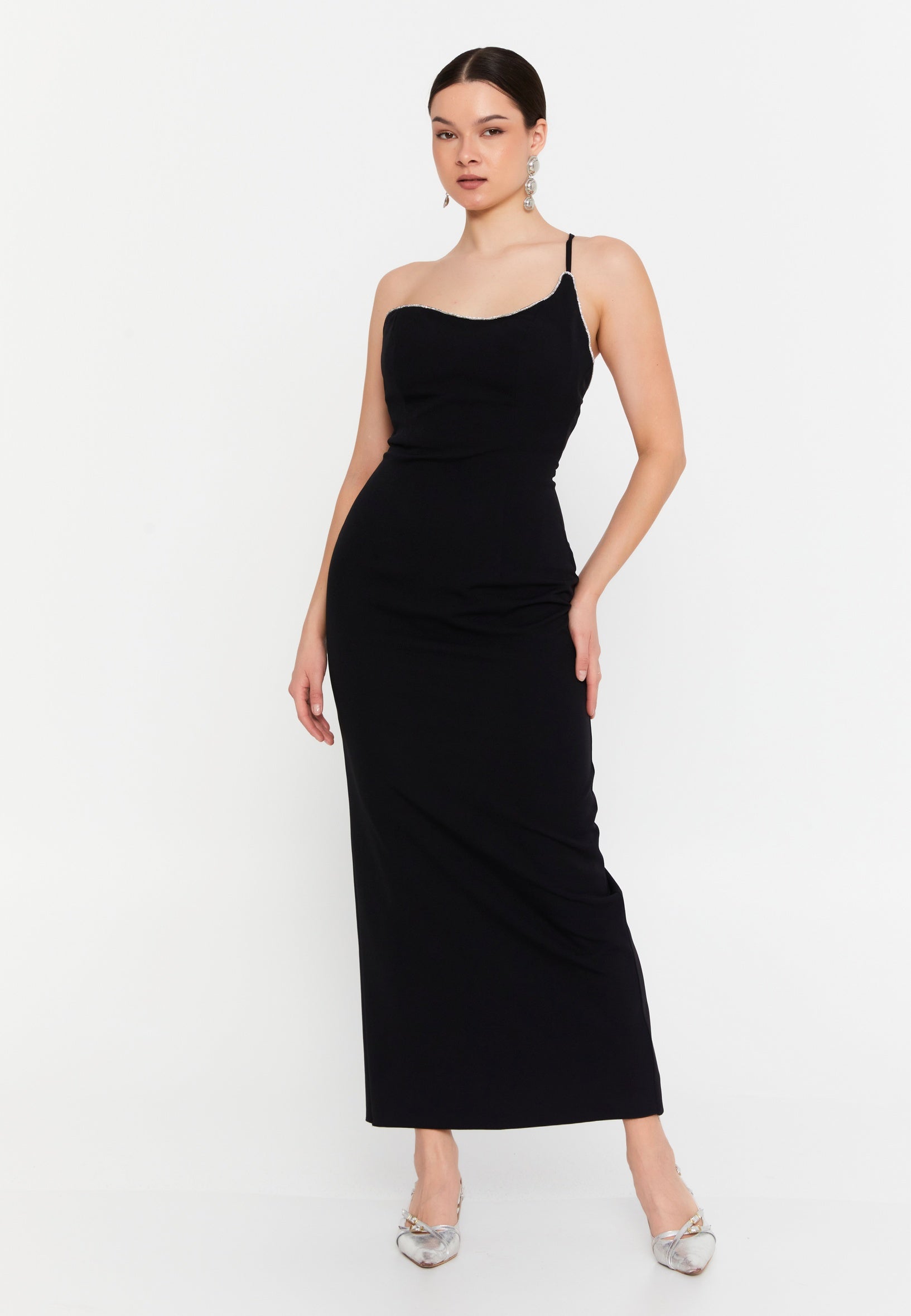 One Shoulder Midi Viscose Column Regular Evening Dress aln1895 One Shoulder Midi Viscose Column Regular Evening Dress aln1895
