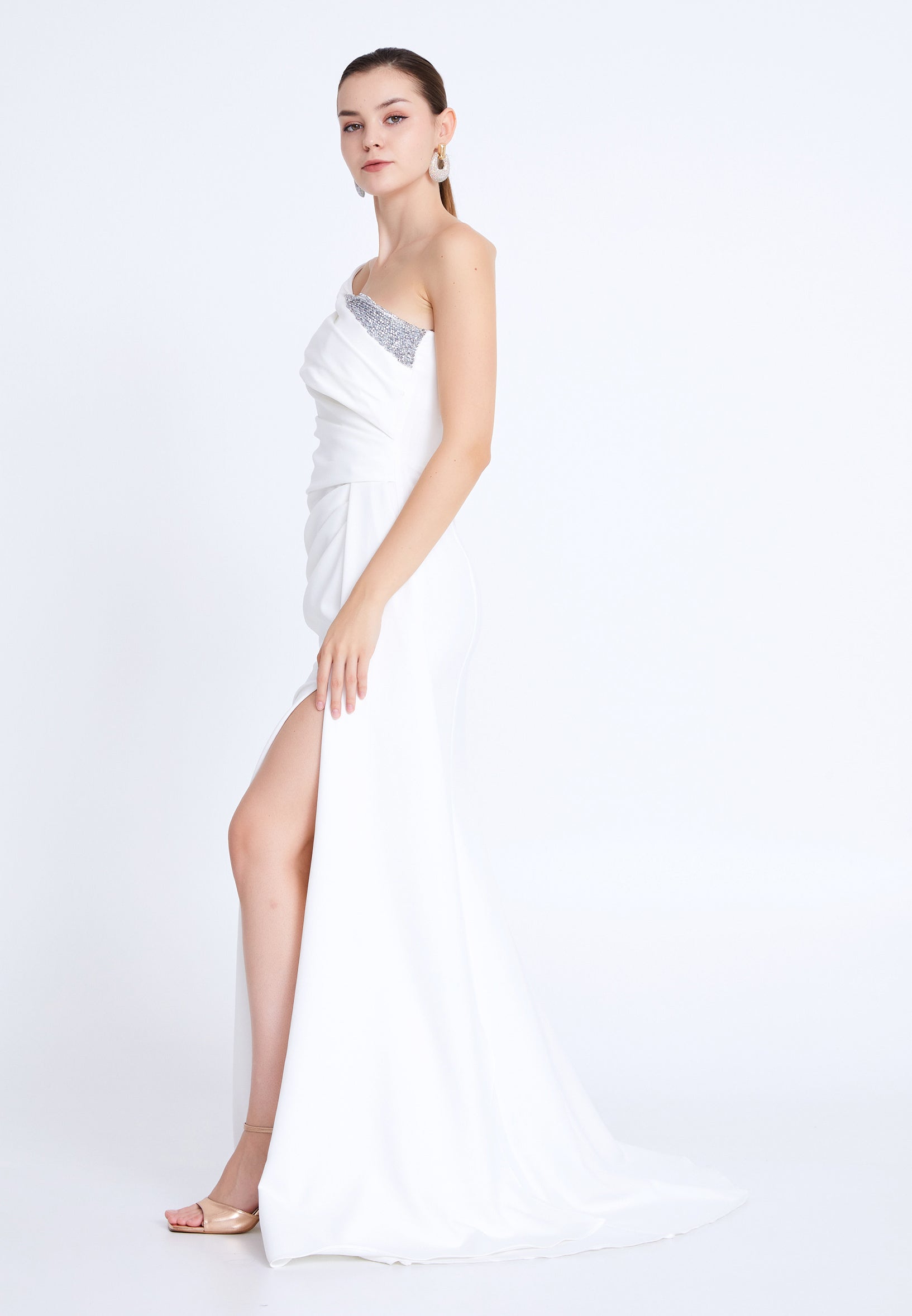One Shoulder Maxi Viscose Mermaid Regular Wedding Guest Dress aln1897 - Wedding Guest Dress - Istanbul Fashion Center