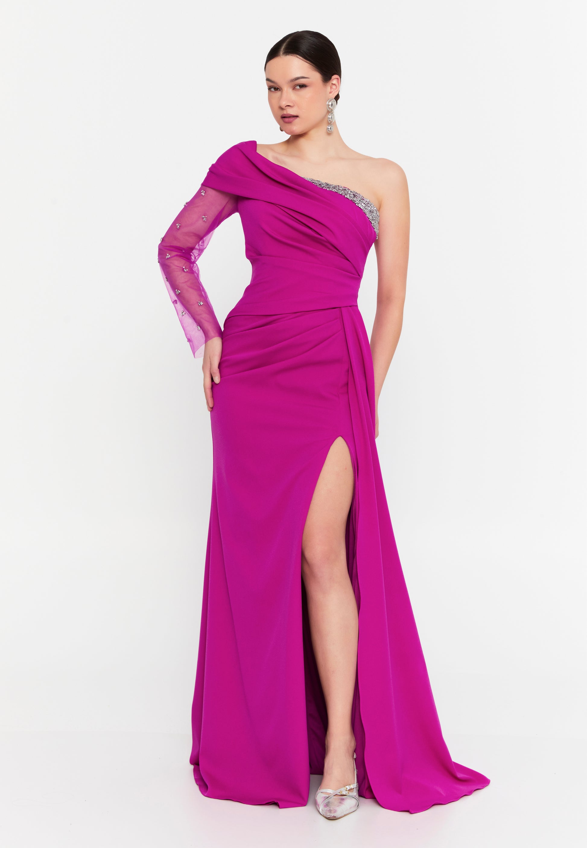 One Shoulder Maxi Viscose Mermaid Regular Wedding Guest Dress aln1897 - Wedding Guest Dress - Istanbul Fashion Center