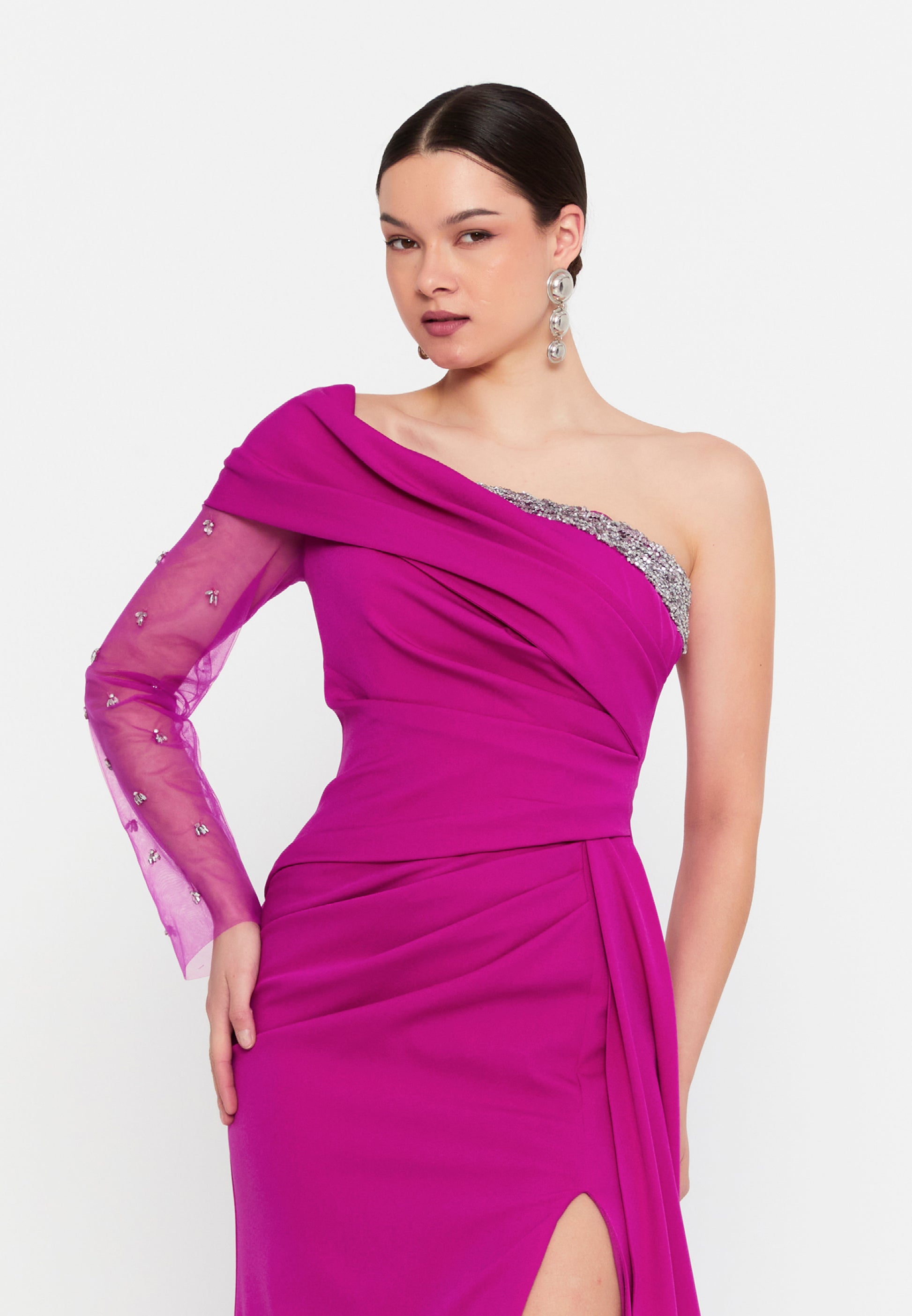 One Shoulder Maxi Viscose Mermaid Regular Wedding Guest Dress aln1897 - Wedding Guest Dress - Istanbul Fashion Center