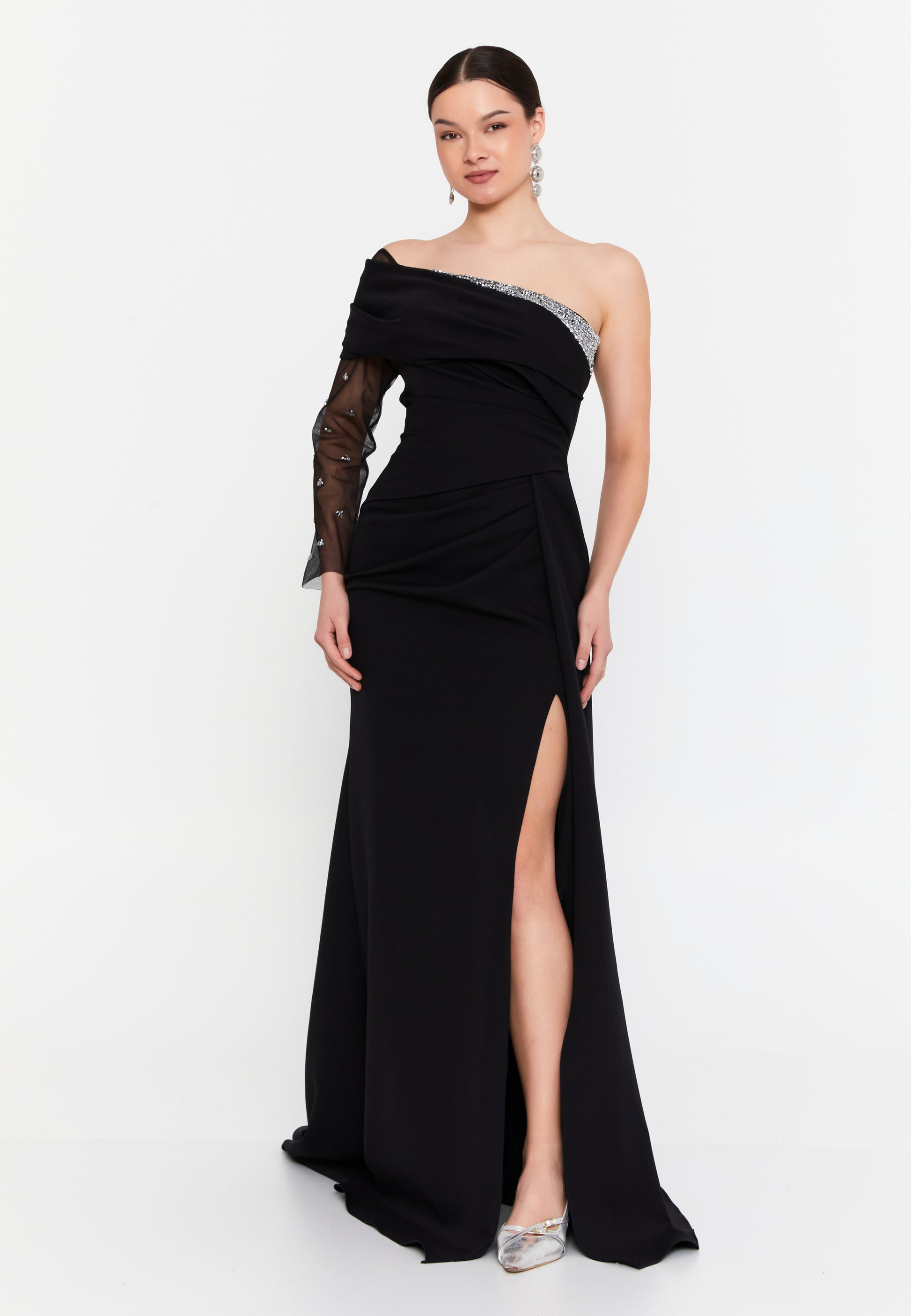 One Shoulder Maxi Viscose Mermaid Regular Wedding Guest Dress aln1897 - Wedding Guest Dress - Istanbul Fashion Center