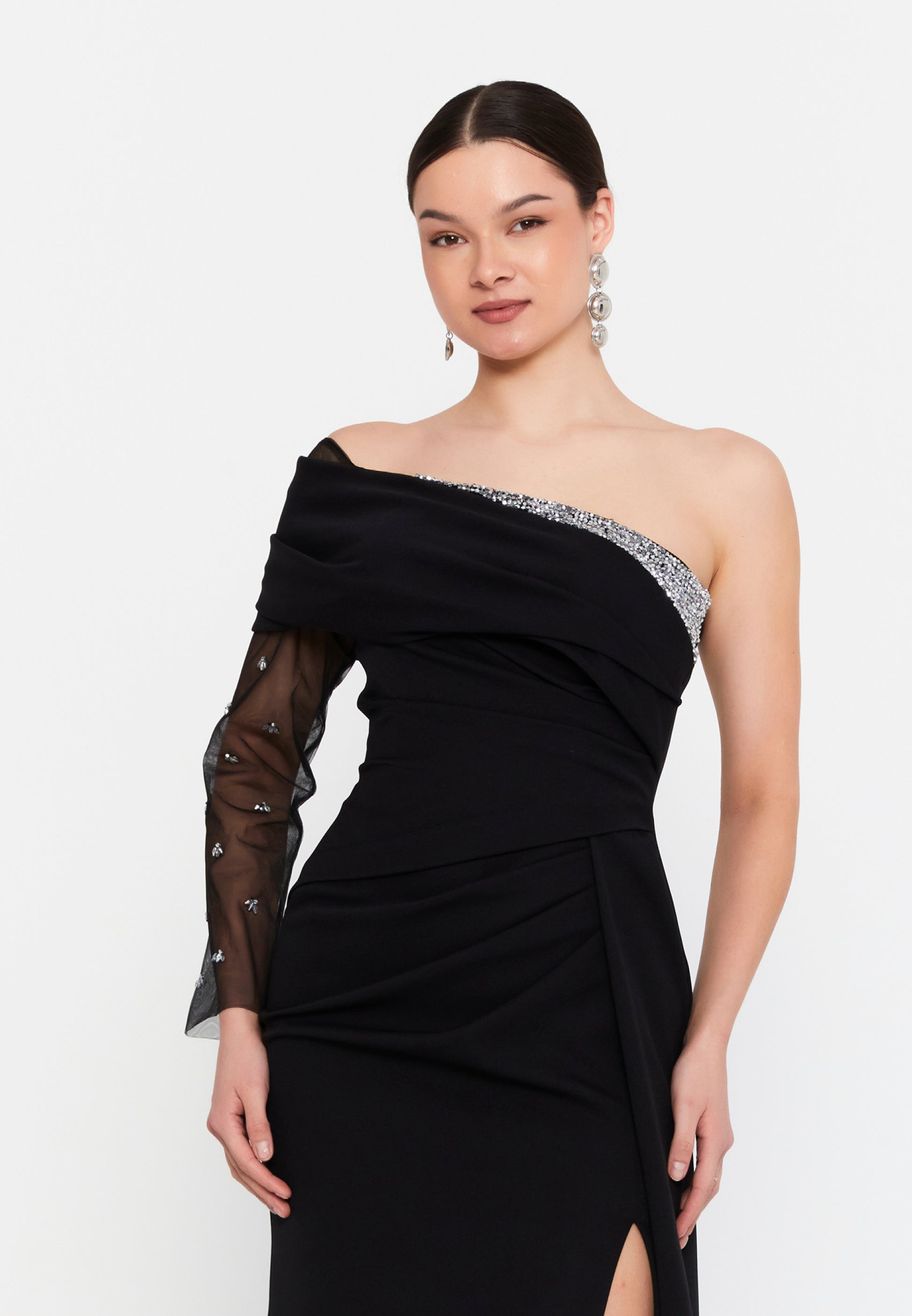 One Shoulder Maxi Viscose Mermaid Regular Wedding Guest Dress aln1897 - Wedding Guest Dress - Istanbul Fashion Center