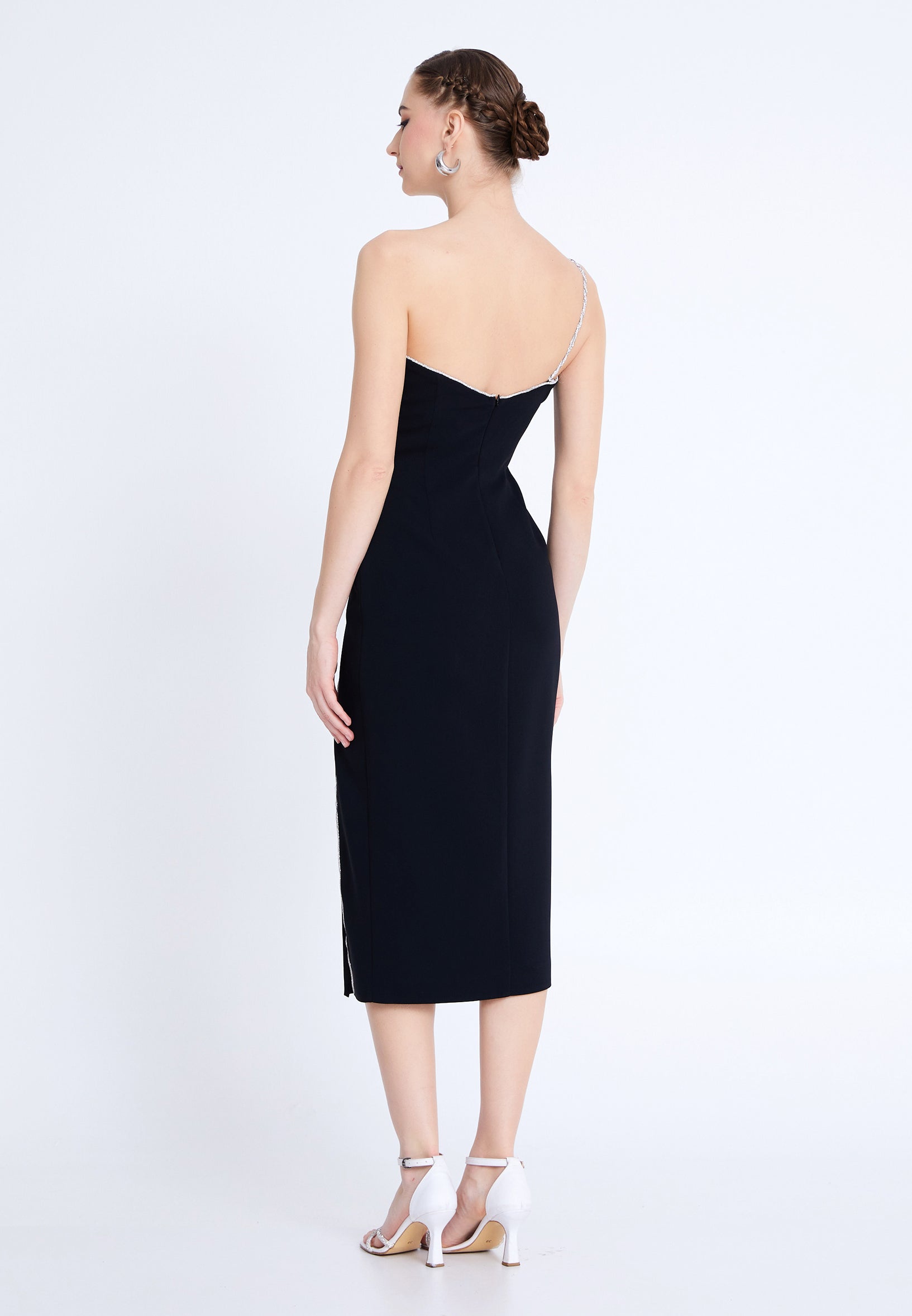 One Shoulder Midi Viscose Column Regular Evening Dress aln1812 - Evening Dress - Istanbul Fashion Center
