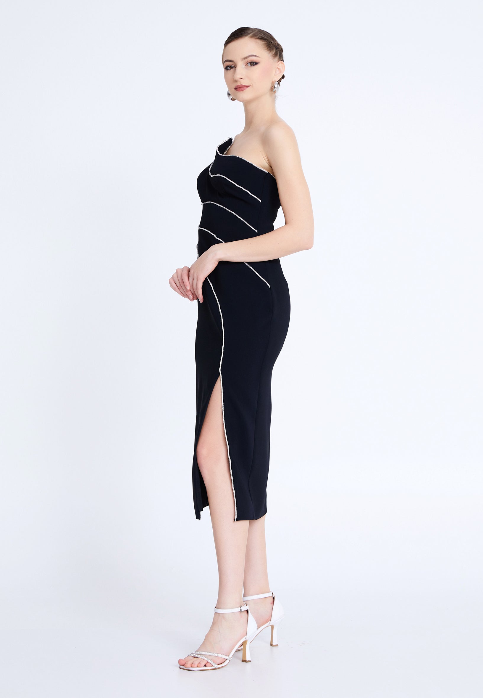 One Shoulder Midi Viscose Column Regular Evening Dress aln1812 - Evening Dress - Istanbul Fashion Center
