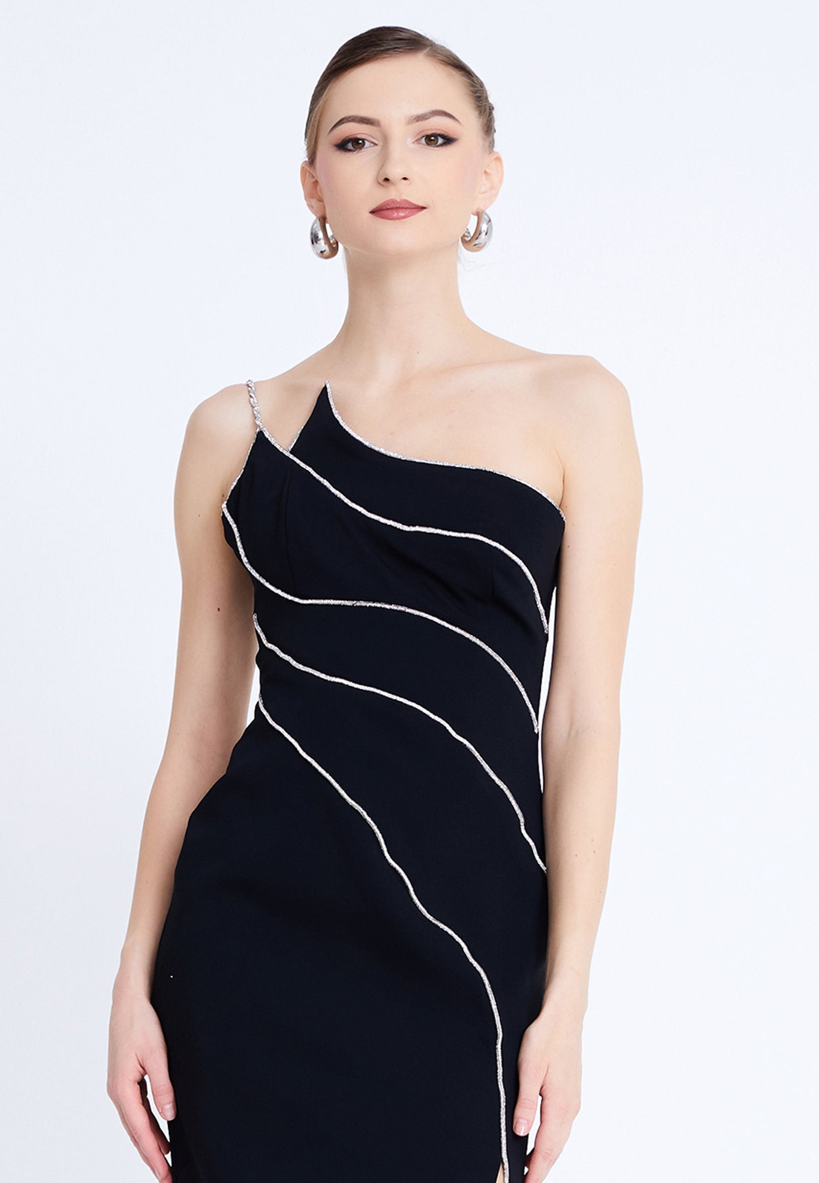One Shoulder Midi Viscose Column Regular Evening Dress aln1812 - Evening Dress - Istanbul Fashion Center