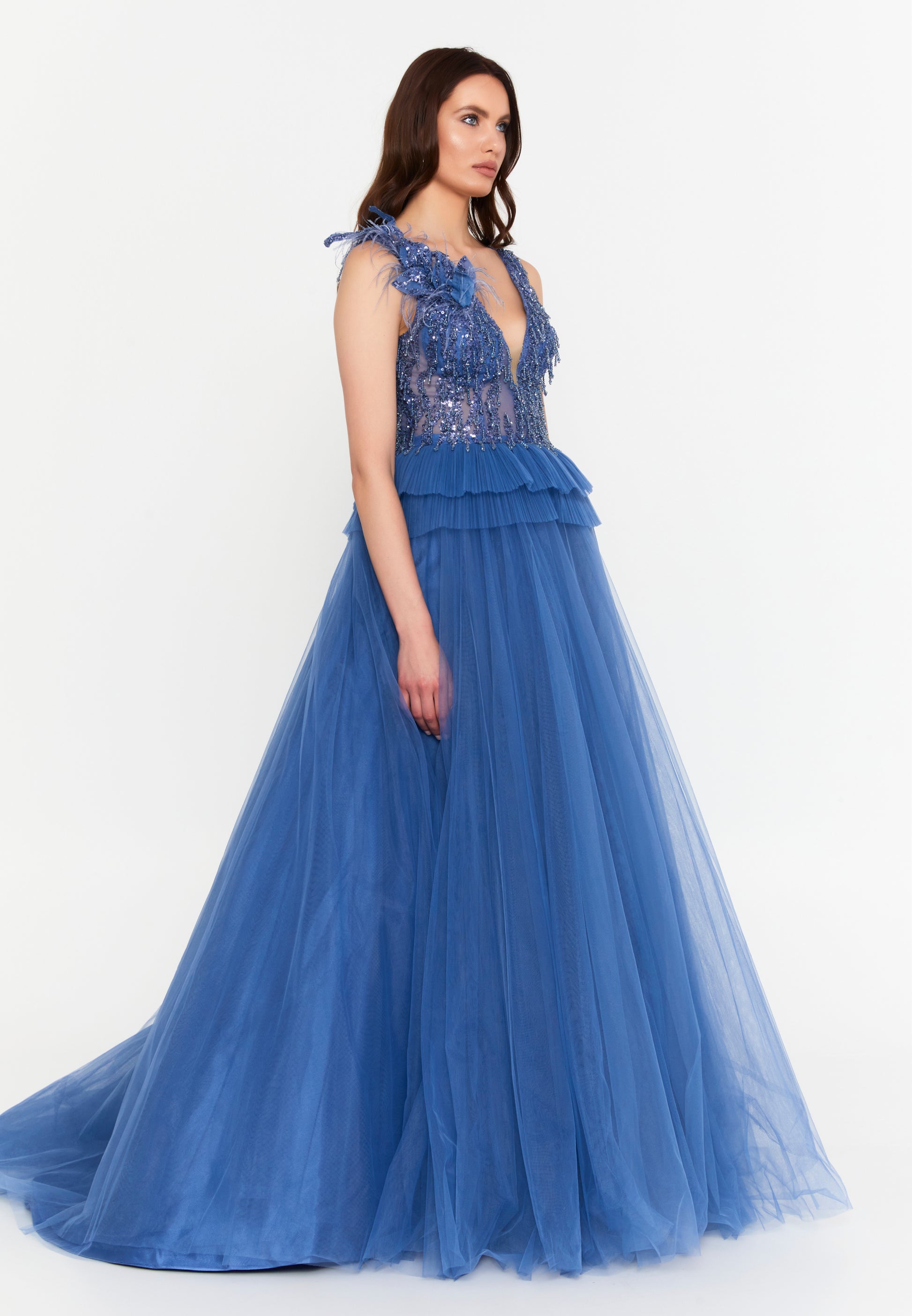 Sleeveless Maxi Tulle A - Line Regular Prom Dress aln1881 - Prom Dress - Istanbul Fashion Center
