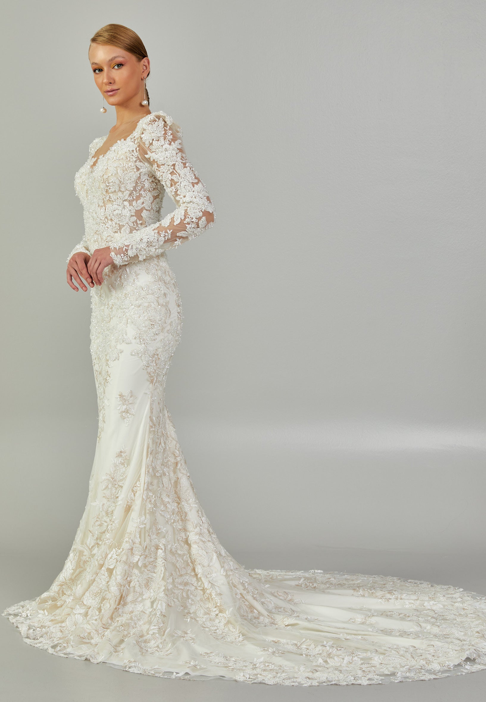 Long Sleeve Maxi Tulle Regular Wedding Dress elp7000-k - Wedding Dress - Istanbul Fashion Center