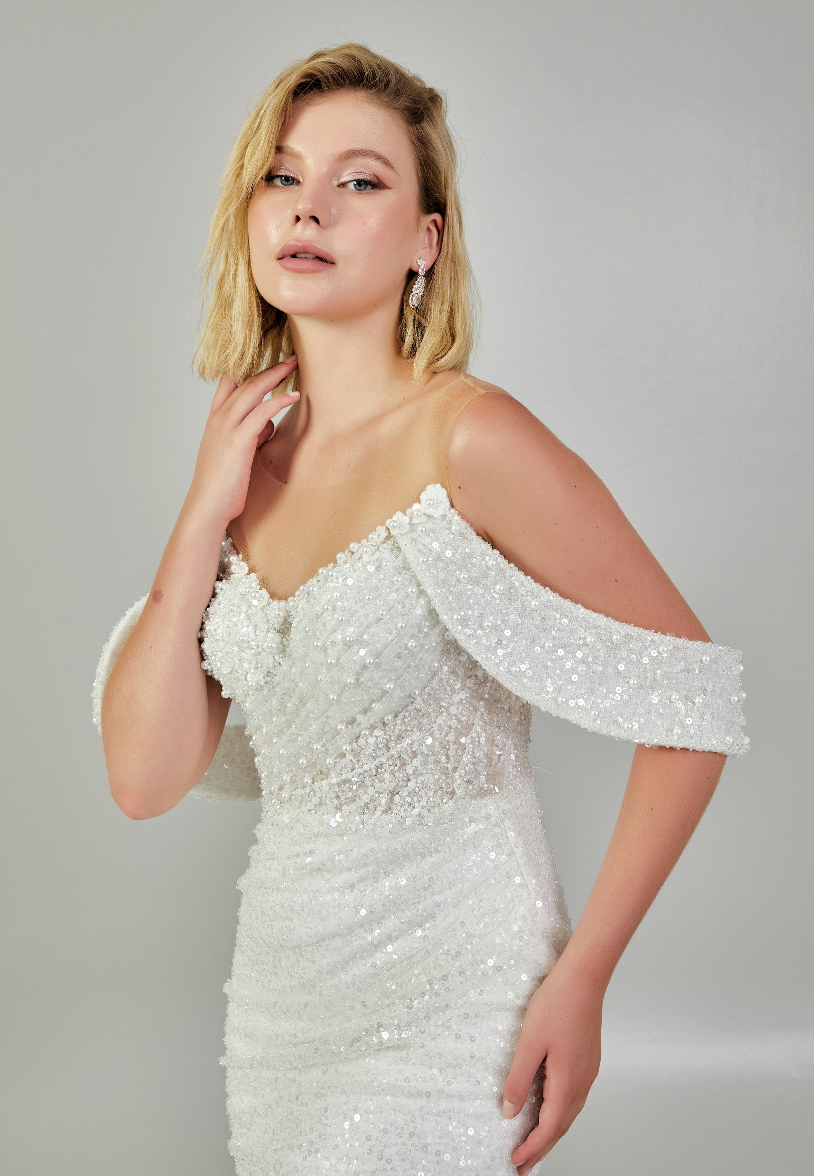 Off Shoulder Maxi Tulle Regular Wedding Dress abb24040 - Wedding Dress - Istanbul Fashion Center