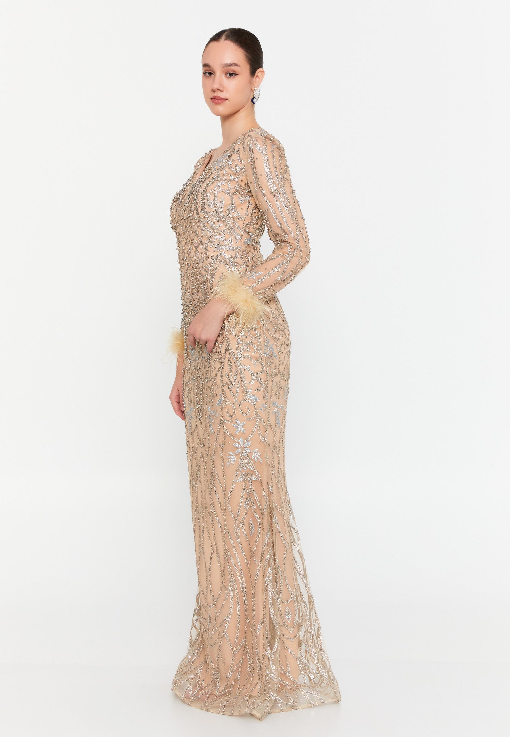 Long Sleeve Maxi Tulle Mermaid Regular Wedding Guest Dress lns3831 - Wedding Guest Dress - Istanbul Fashion Center